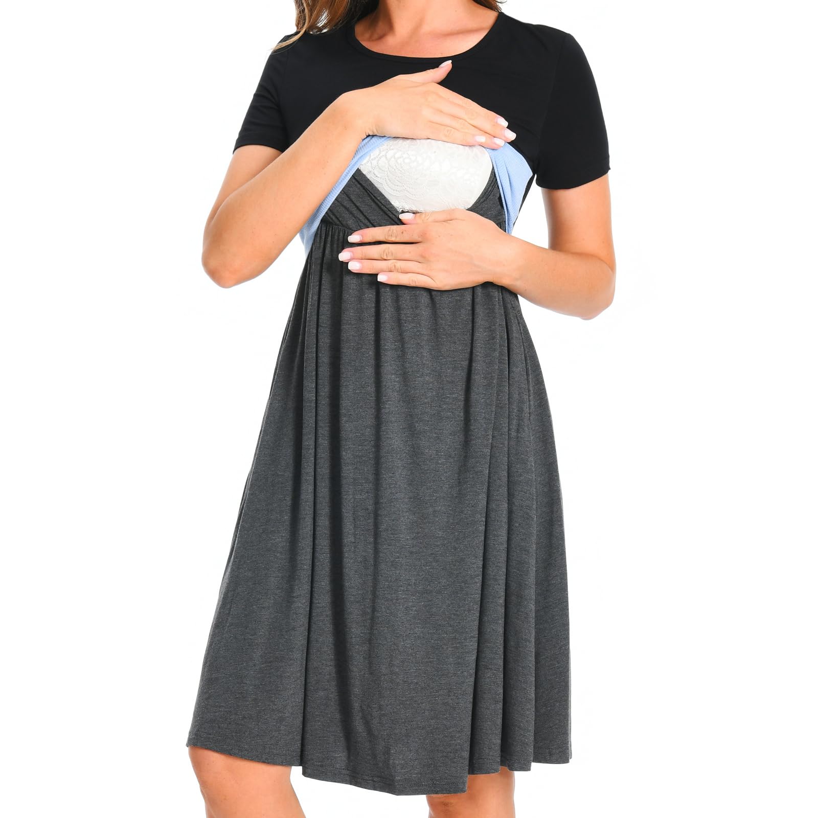 Women's Short Sleeve Nursing Dress with Pocket, Sky Blue XXL - Comfort & Style for Breastfeeding-image-65394f6c-22c0-4f56-b2a5-3dc5c57488c4-78206