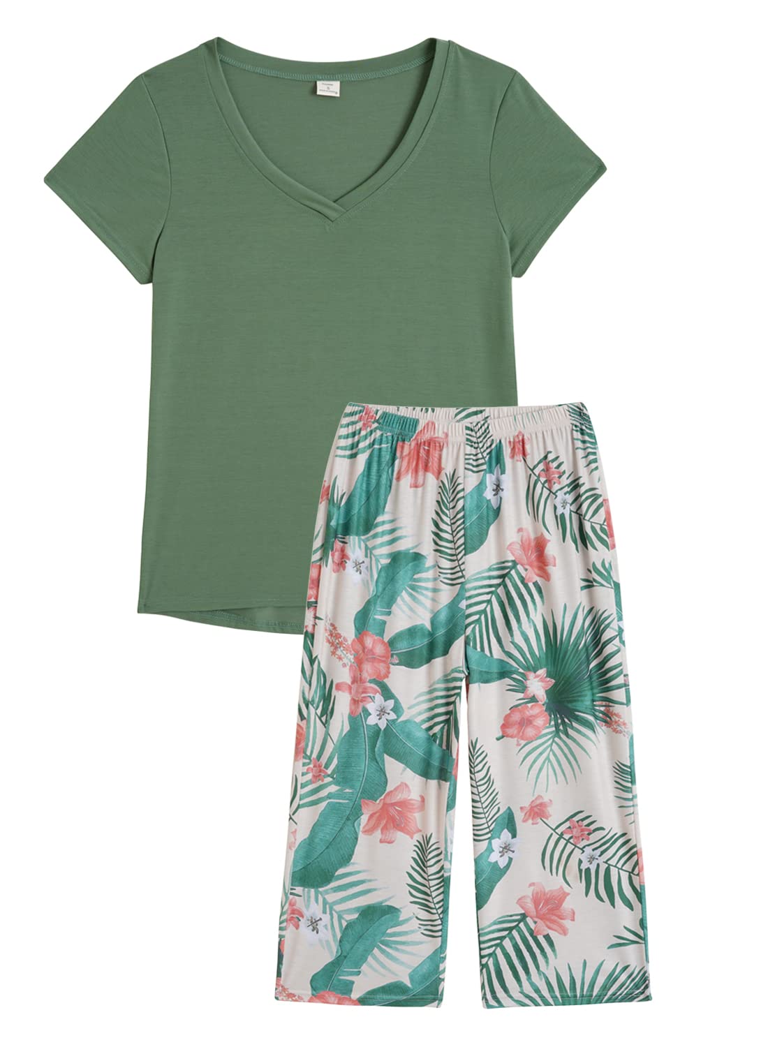 Women's Floral Pyjama Set - Short Sleeve V-Neck Top & Capri Pants, Green, XXL - Soft & Comfy Sleepwear-image-7fbc75b4-962b-4c6e-90ae-43cc8f677132-74893