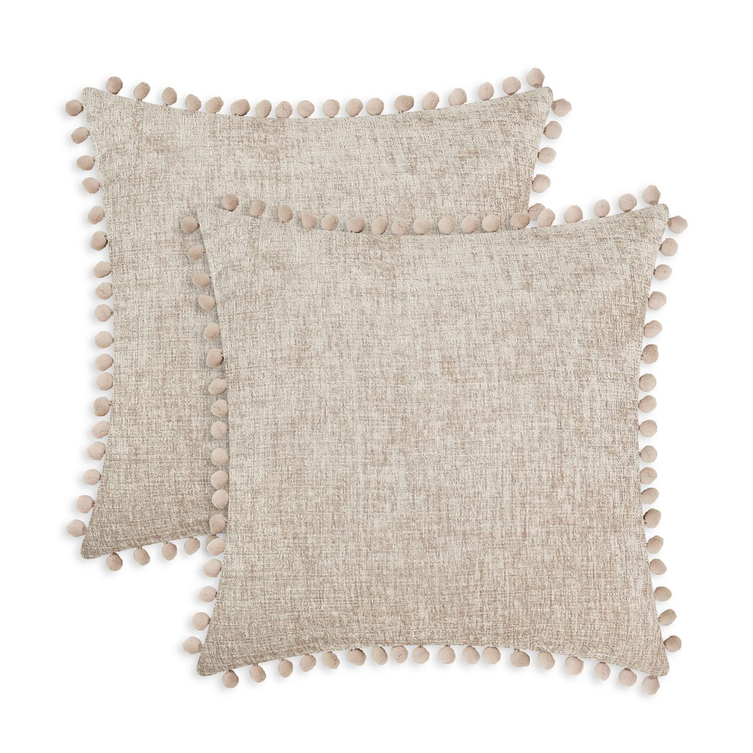 Chenille Cushion Covers with Pom Poms - 55cm Taupe-image-c6982a54-5413-4c63-a04c-c3fe1c017b3d-86606