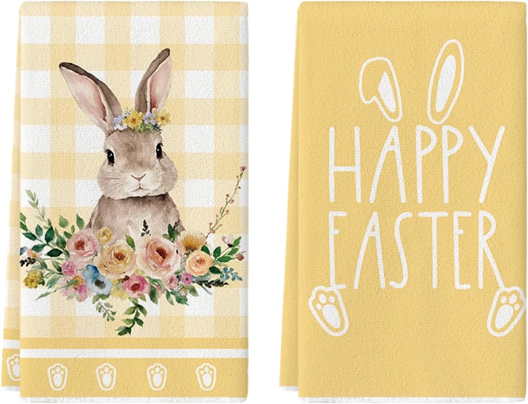 Yellow Buffalo Plaid Flowers Rabbit Happy Easter Kitchen Towels Set-image-42b1e362-92b9-49b4-88ed-a78056cc0409-54391