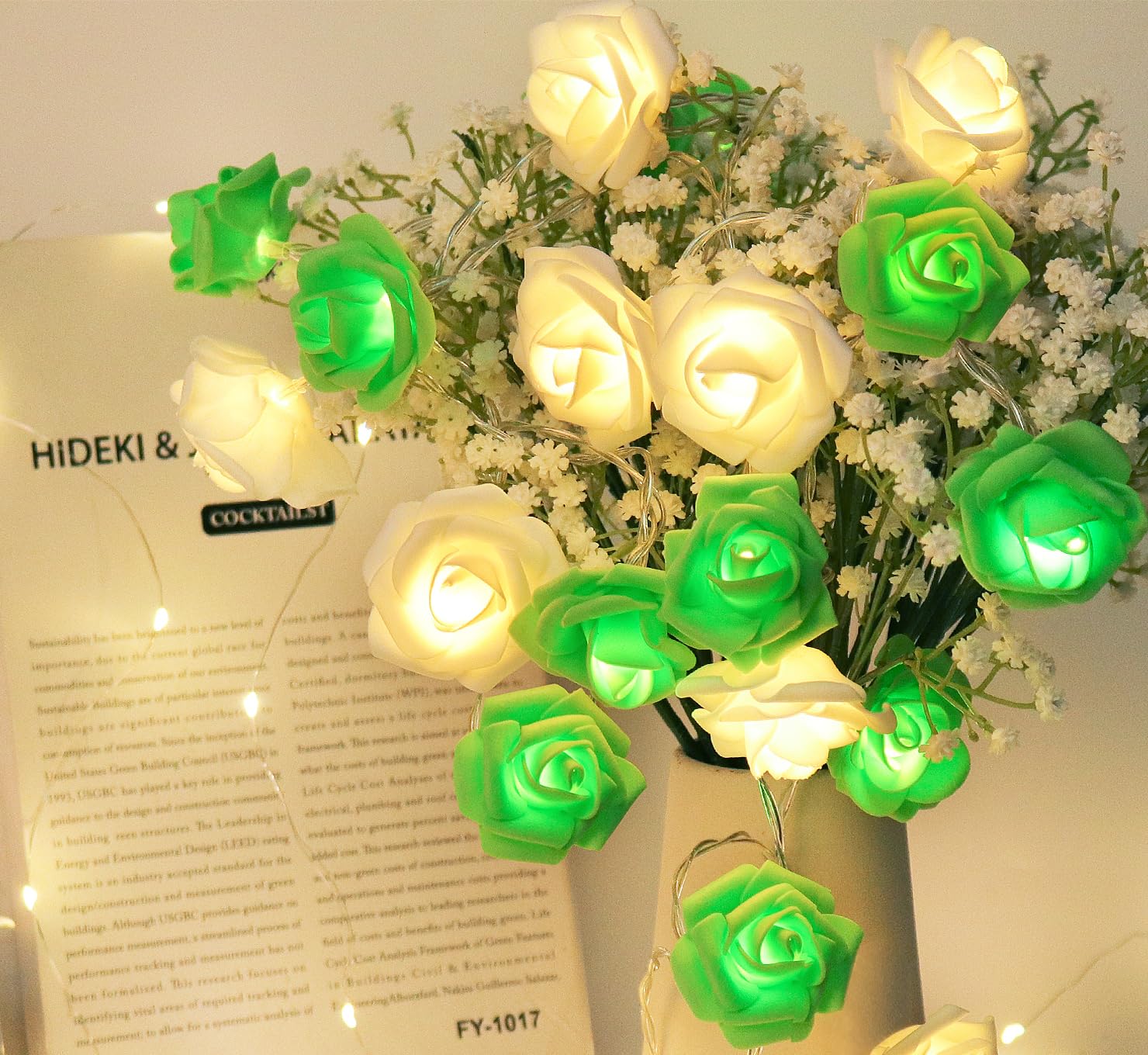 9.8Ft 20LED Rose Flower Fairy String Lights - Green & White Garland for Weddings & Home Décor-image-a5e3b4c5-740e-444e-9733-d7e40a53b8ed-56593