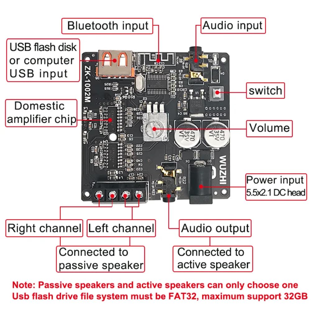 DollaTek Amplificateur Audio Bluetooth 5.0 2x100W - Carte Ampli Stéréo Puissante Pour Home Cinéma, AUX, USB, DC5-24V