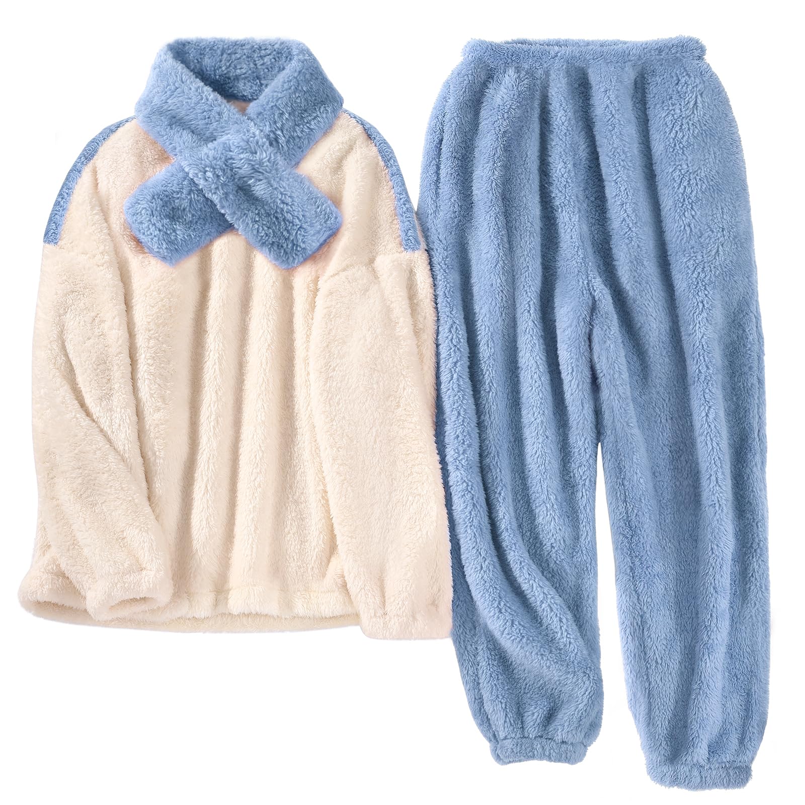 Warm Fleece Pyjama Set for Women with Scarf, Blue, Size M