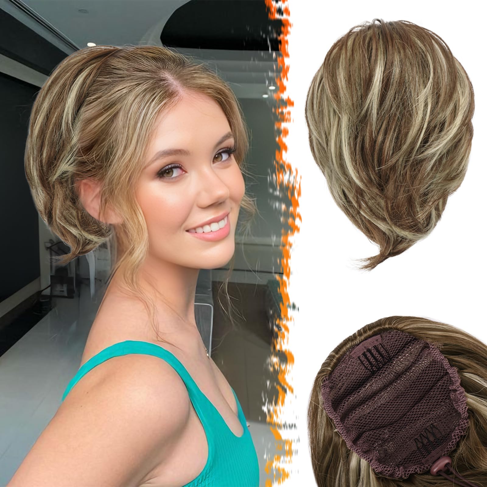 BARSDAR Straight Hair Bun Extensions - Brown & Ash Blonde Drawstring Ponytail for Women-image-c05c1e72-f0ef-47f7-a8d1-900cfe1a7131-56925