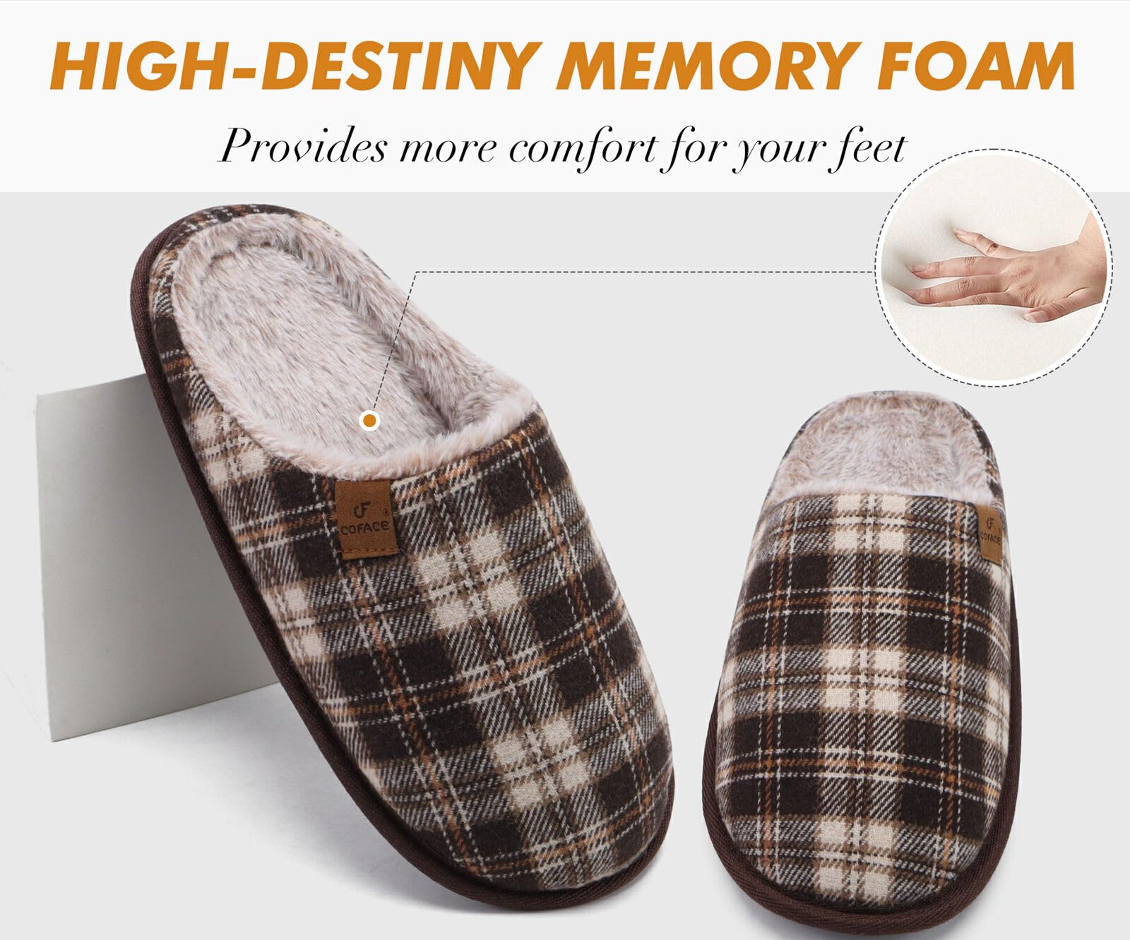 COFACE Mens Brown Khaki Flano Plaid Memory Foam Mule Slippers Slip