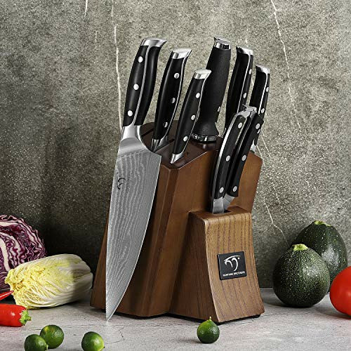NANFANG BROTHERS Damascus Set Coltelli da Cucina, 14 Pezzi Set Coltelli Giapponesi Set Coltelli da Cucina con Blocco in Legno, 67 Strati VG10 Damascus Set Coltelli da Cucina con Affilatore