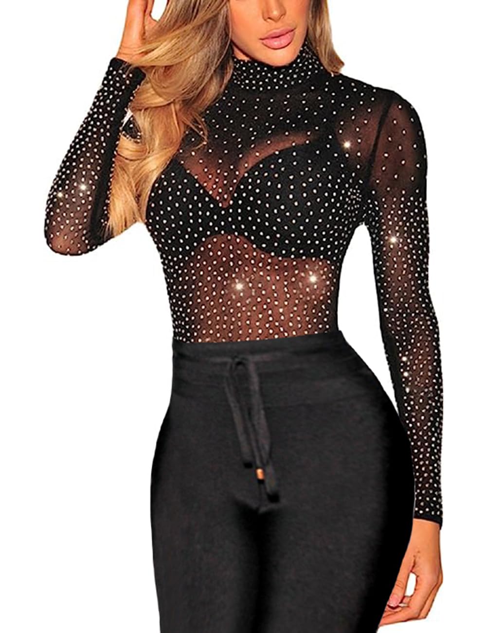 Rhinestone Mesh Sheer Long Sleeve Blouse - Black M-image-e99a6e4c-154e-42e9-bf88-1dd756d07bd7-80706