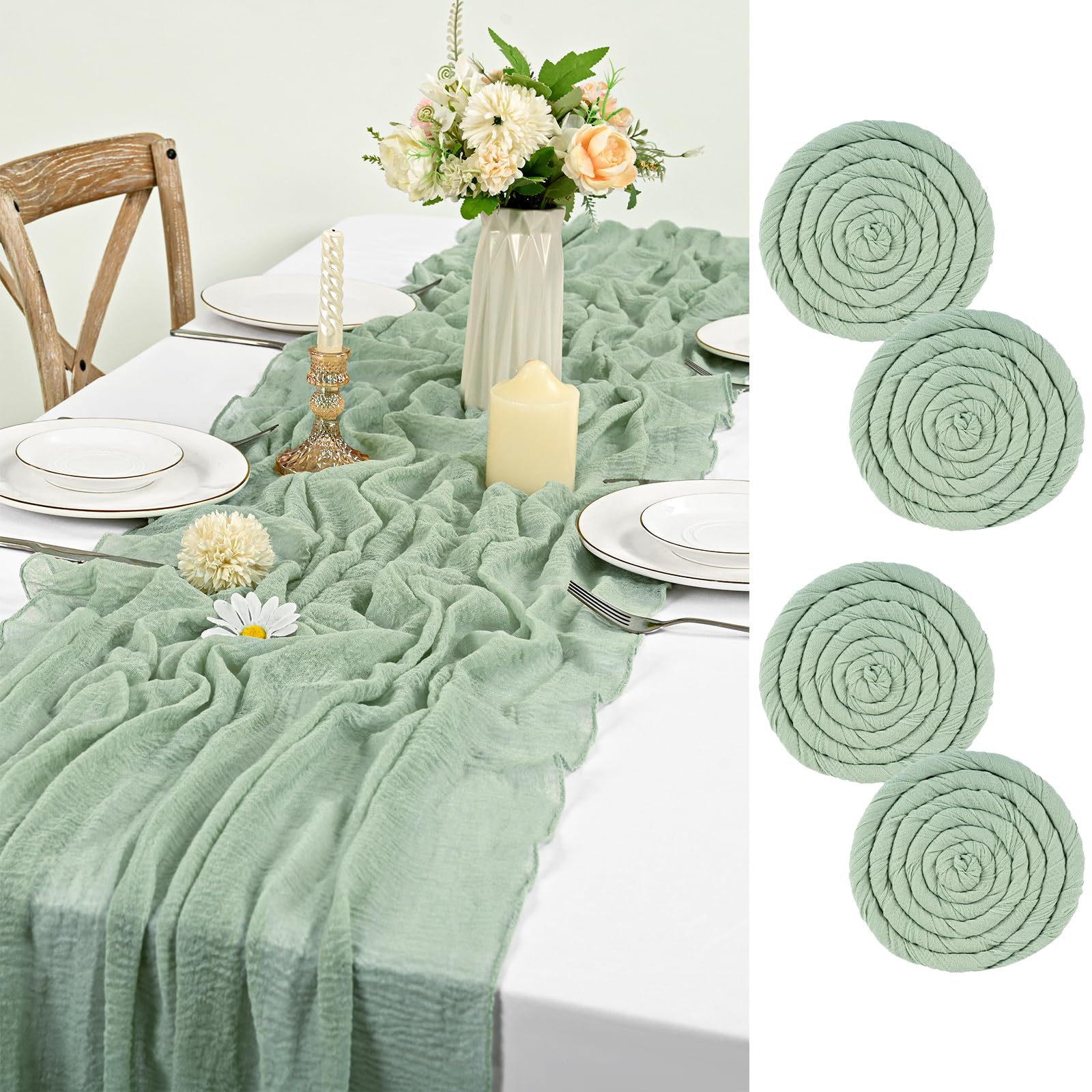 Cheesecloth Table Runner Set 4 Pack, Dark Green, Boho Rustic Décor, 80x300cm for Weddings & Parties-image-436a2ea2-8d15-4222-b100-2bf21b50beb5-68314