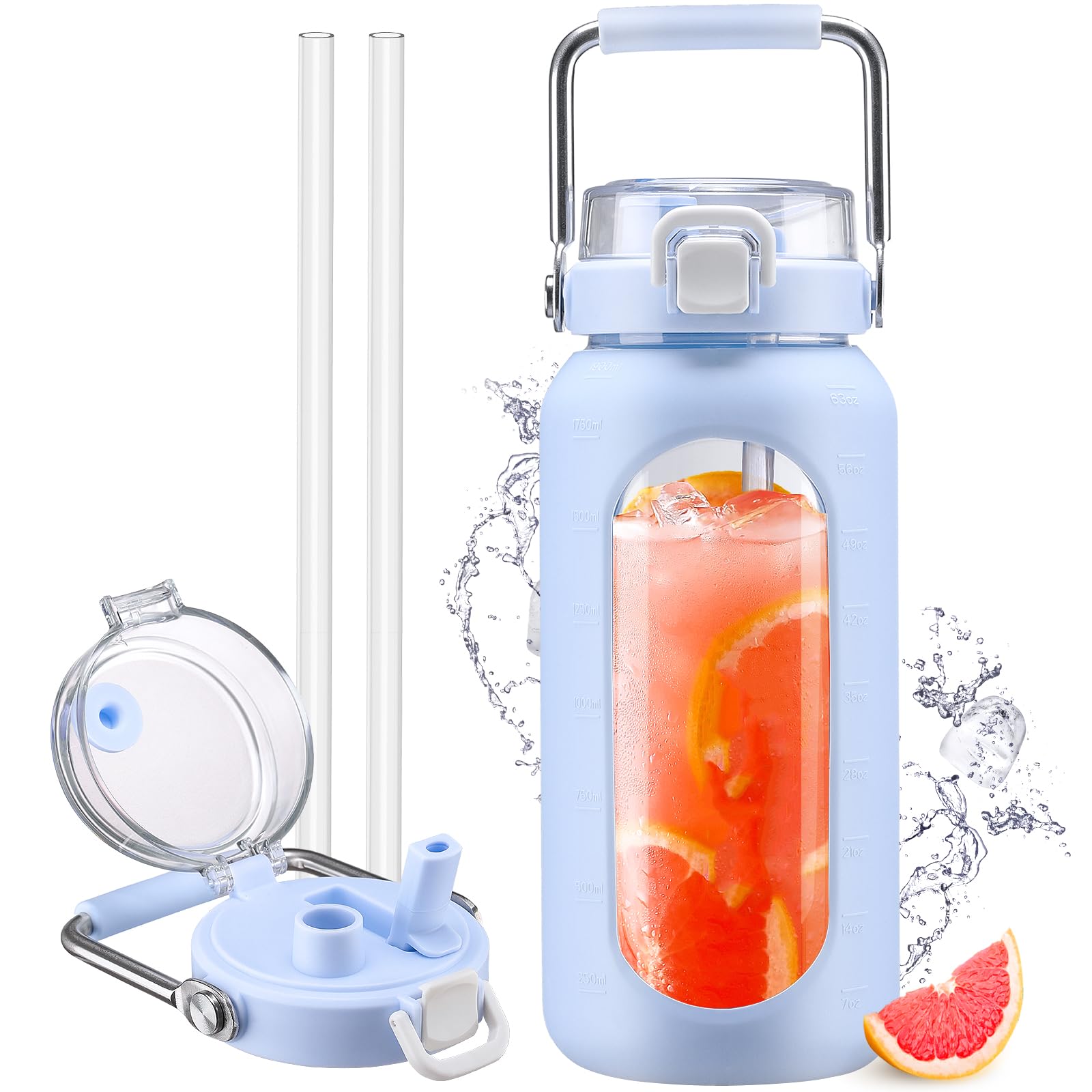 2L Glass Water Bottle with Straw - Light Blue-image-2d11f89b-609b-4268-b945-4ec5604108a3-90239