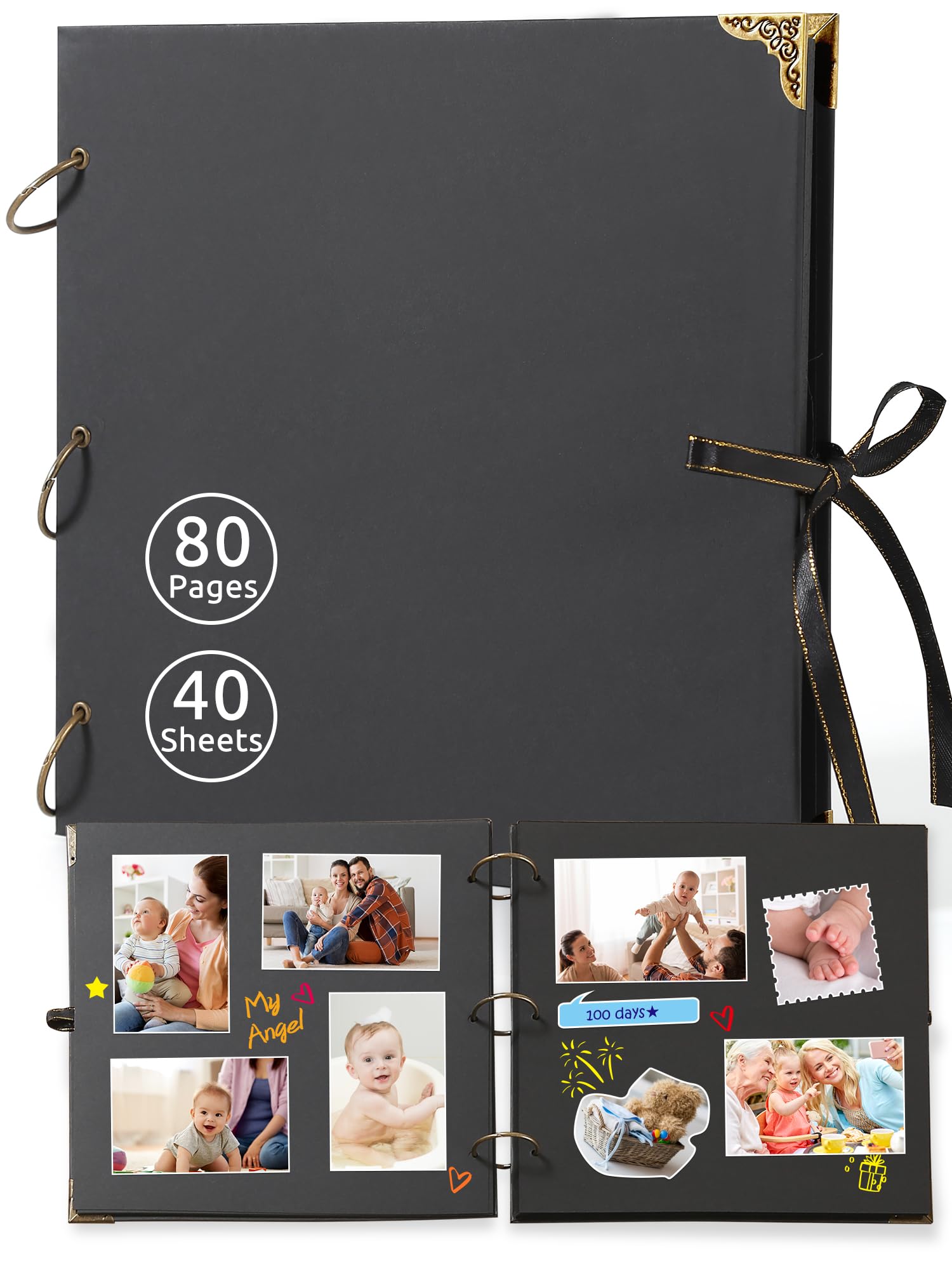 Elegant 80 Page Scrapbook Photo Album with Thick Kraft Paper for DIY Art & Craft Projects (28x28cm) - Black