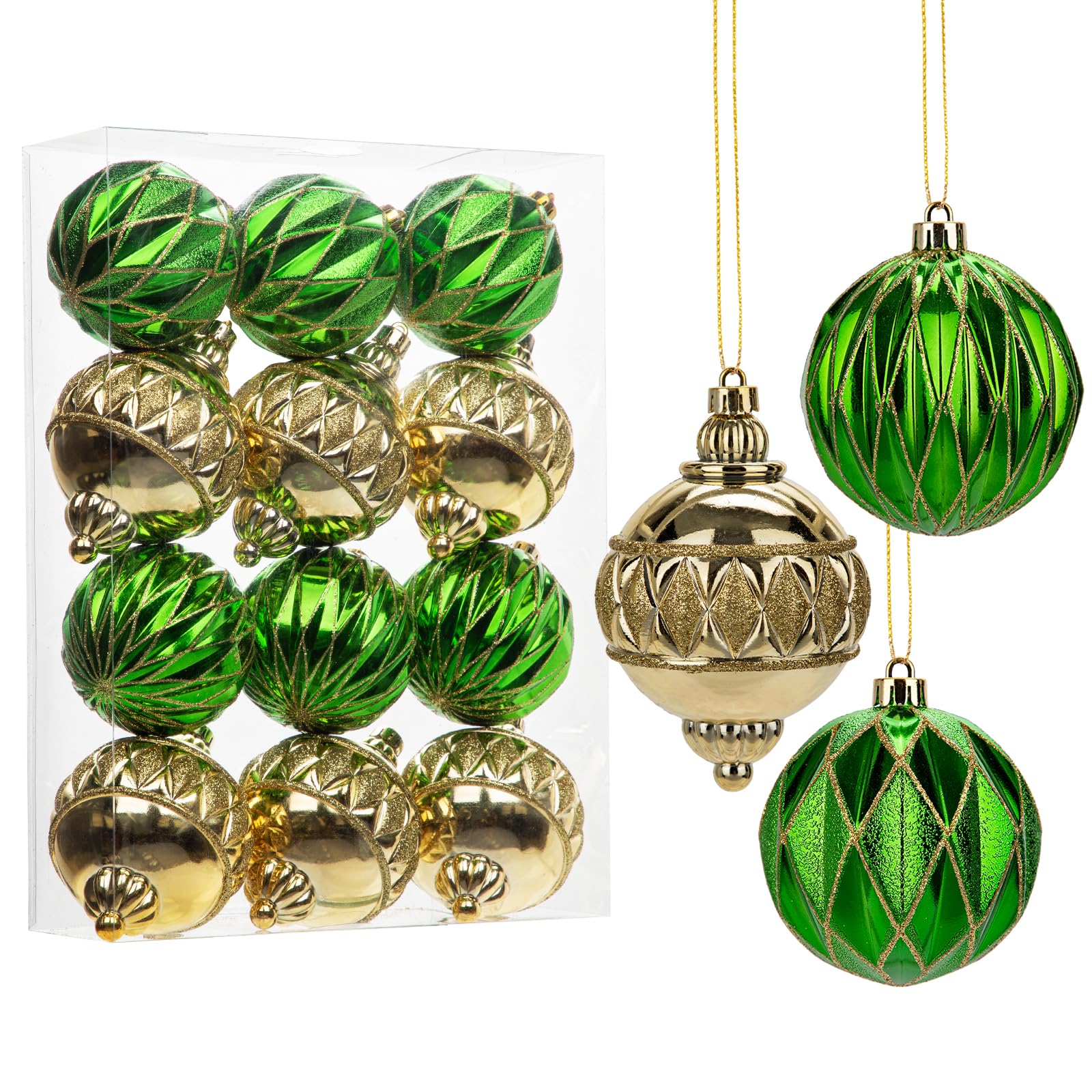 12PCS Gold-edged Green Christmas Baubles 8CM | Glitter Xmas Tree Ornaments | Hollyone Decorations-image-3ffdbc0f-8df1-4868-8c5d-7c9d615a84b2-65994
