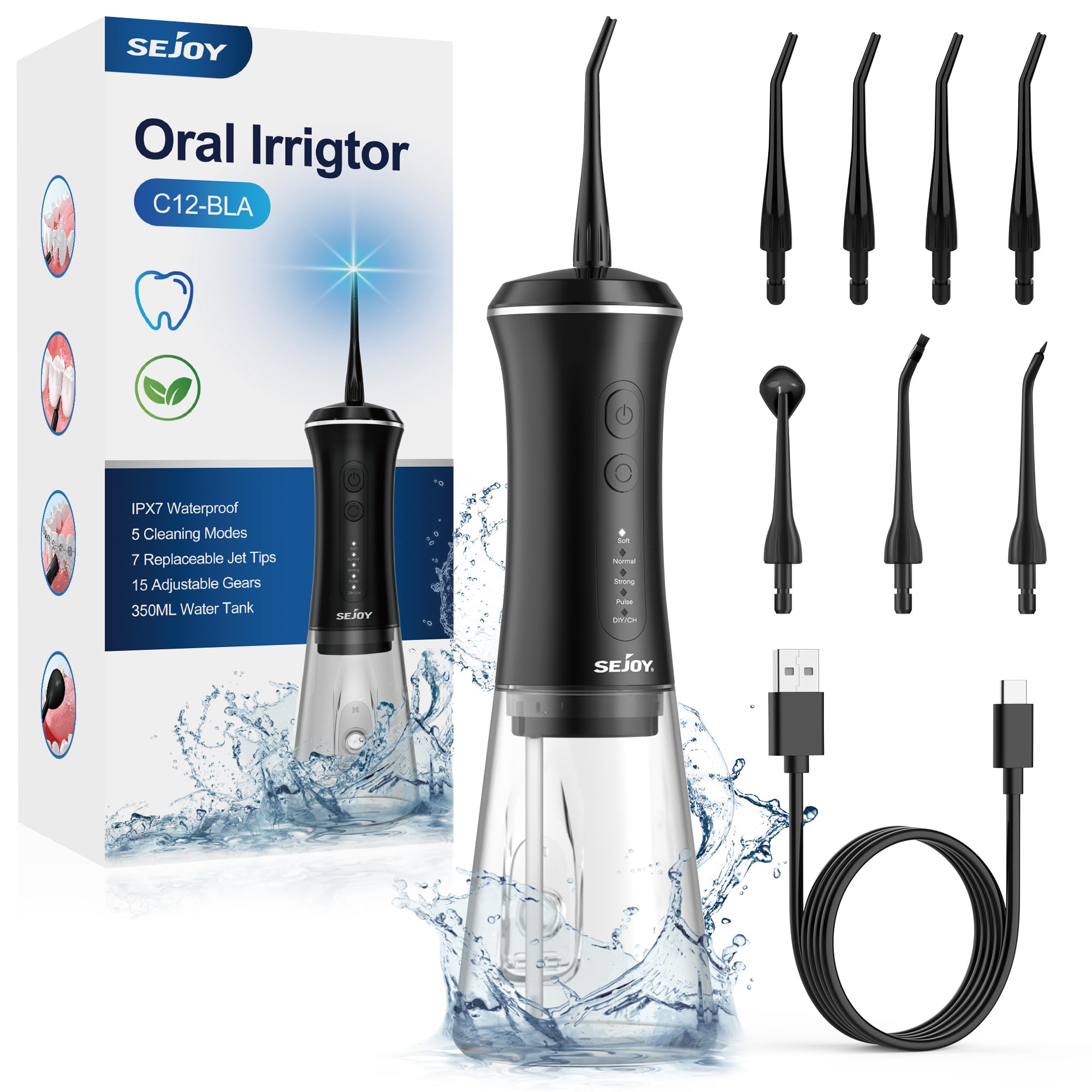Cordless Water Flosser 350ml 5 Modes - Black C12-image-c9298154-b4fd-4f5d-9c78-0b503aa7494a-116714