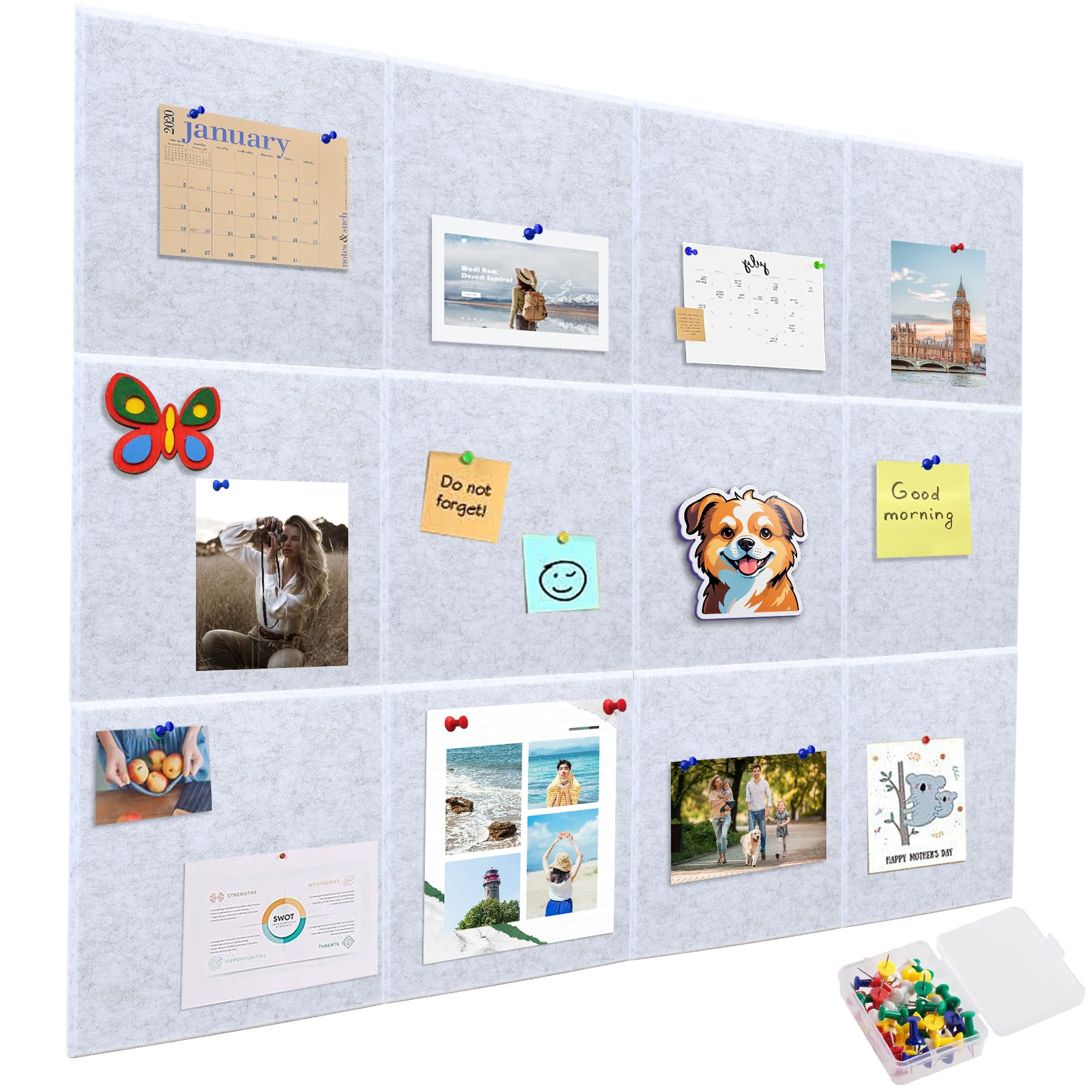 Large Felt Bulletin Board Kit (120x90cm) with 50 Coloured Pushpins for Easy Wall Organisation & Decoration, Easy Installation