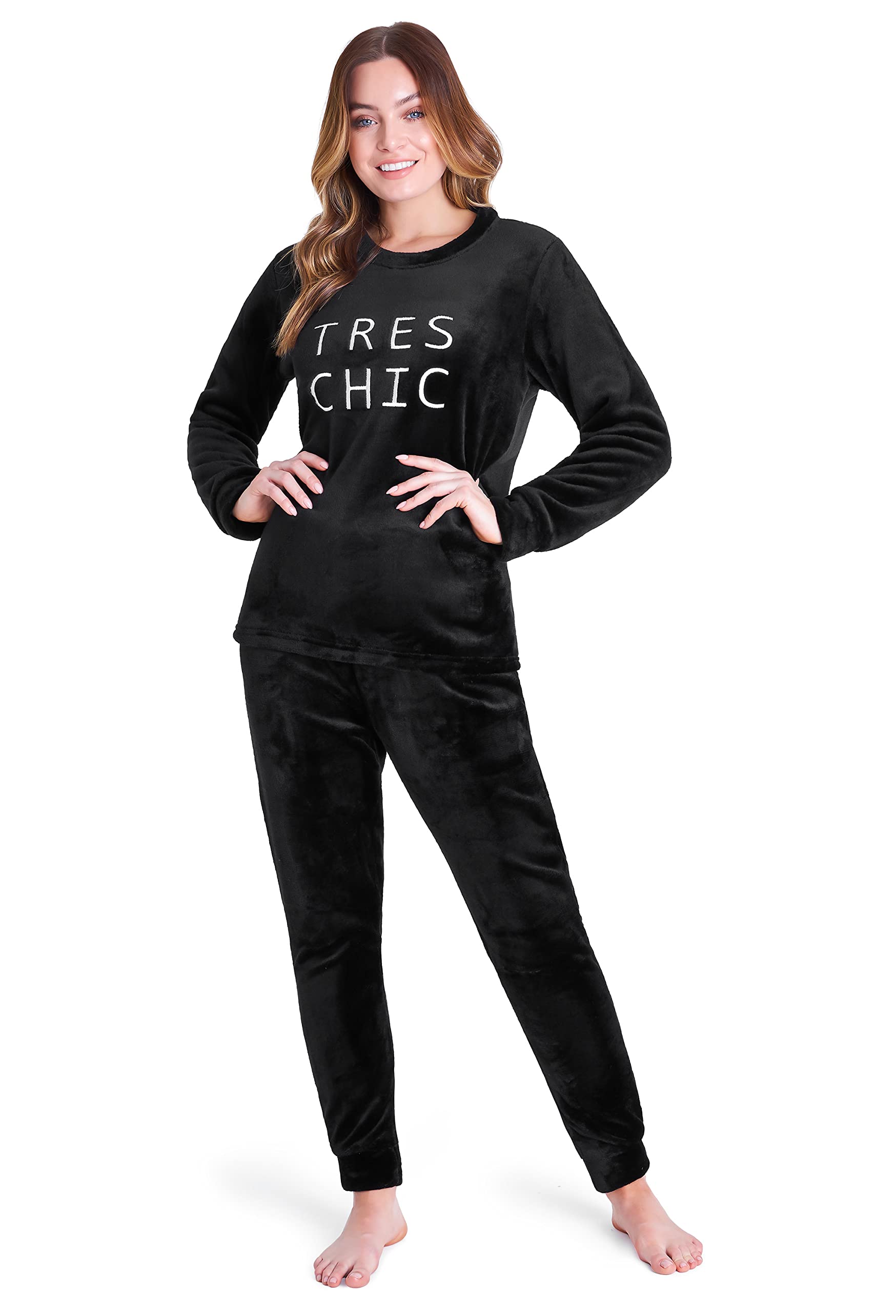 Warm Fleece Women's Pyjama Set - Long Sleeve Cosy Winter Nightwear, Ideal Gift for Her - Black, Large-image-fb3dc1d9-c374-491a-9ad7-adaa15167155-68215