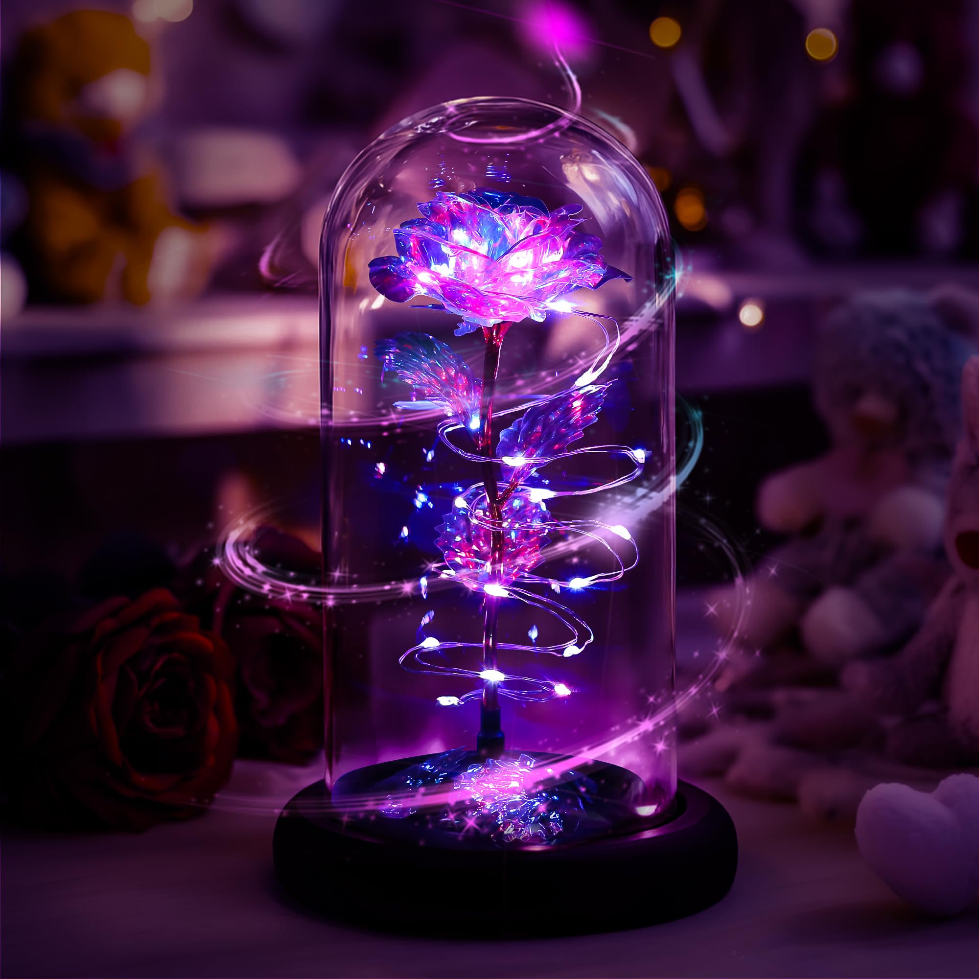 Rotating Colourful Purple LED Rose In Glass Dome - Perfect Gift