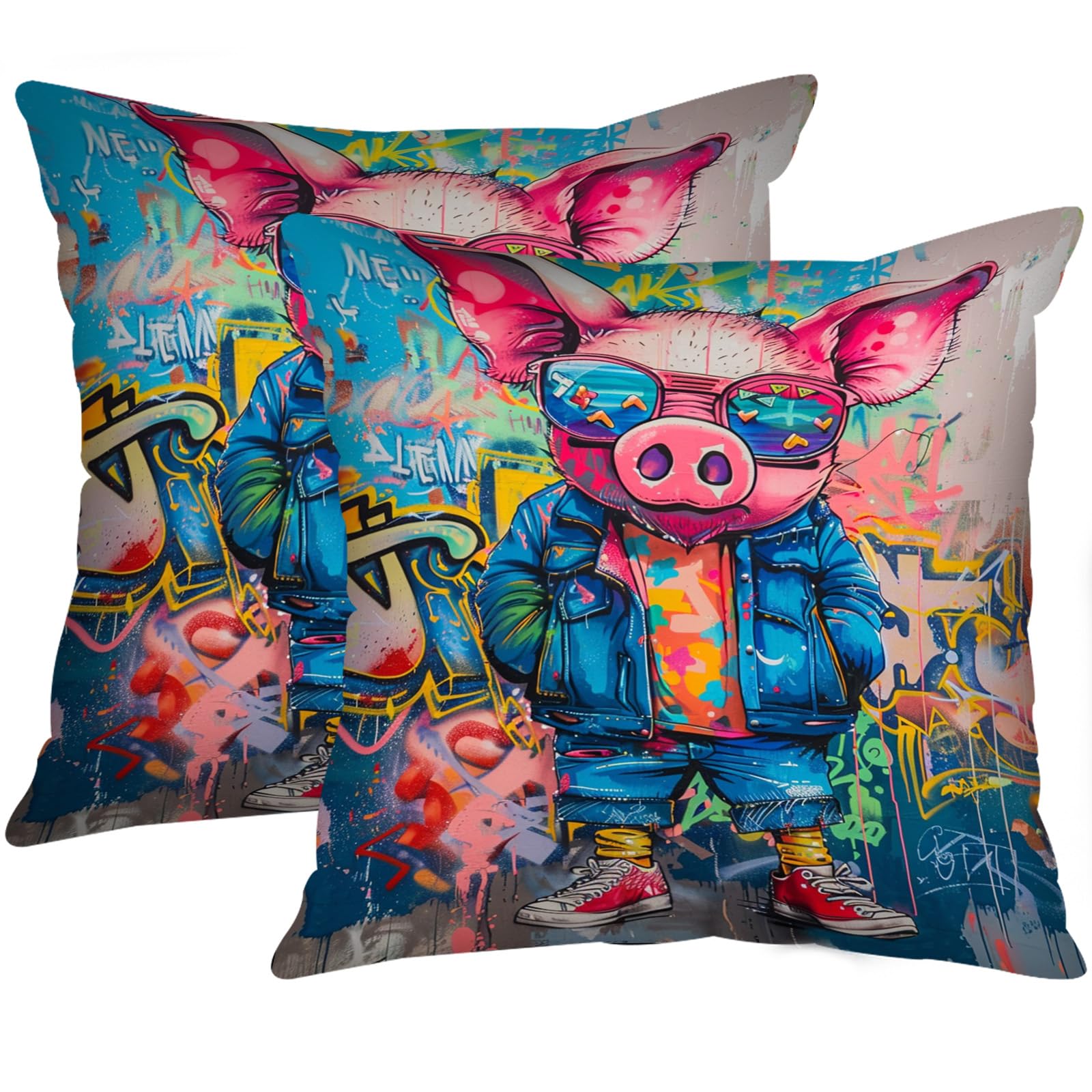 Set of 2 Pig Themed Throw Pillow Covers - 18x18 Inches, Colourful Graffiti Style, Decorative Cushions for Home & Car