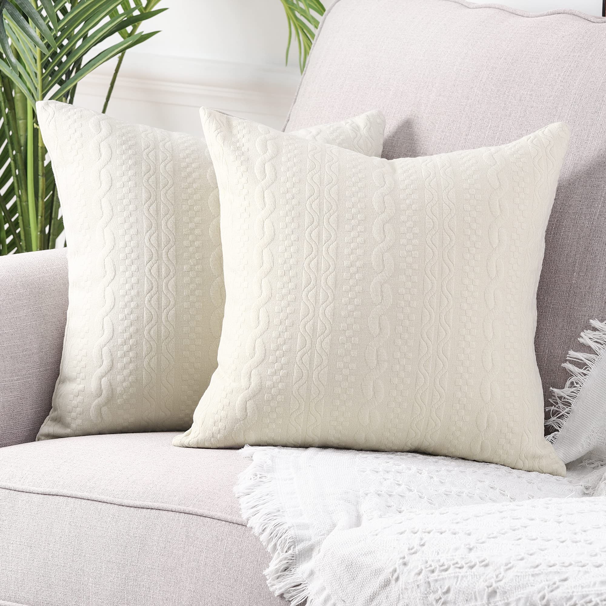 Super Soft Beige 16x16 Embossed Throw Pillow Covers - 2 Pack for Sofa & Bedroom