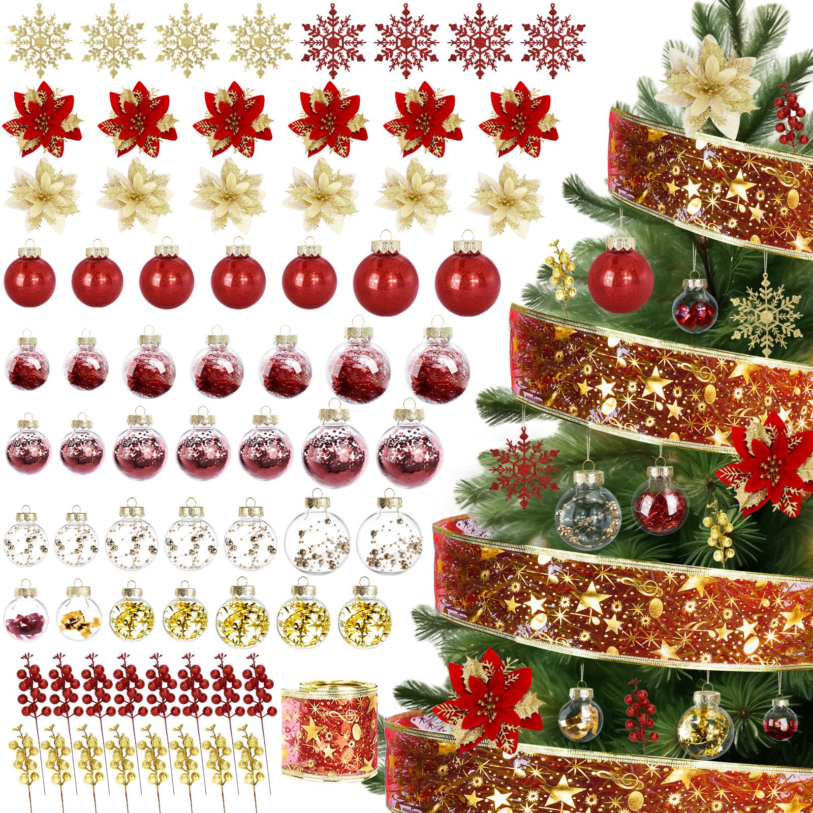72pcs Red & Gold Christmas Tree Baubles with Snowflakes, Poinsettia, Glitter & Berry Stems-image-423d2d7a-5239-4f8f-905f-cb747cedd4c1-32768