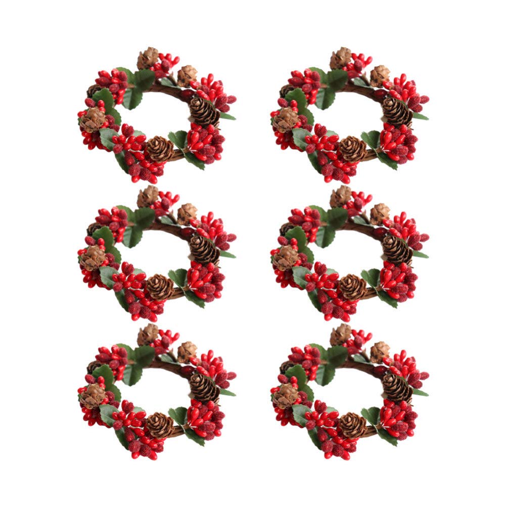 Festive Red Berry & Pine Cone Candle Rings - 6pc Christmas Table Decoration Set-image-d925bc6d-4c84-4eb7-801f-ed097392adbb-58814