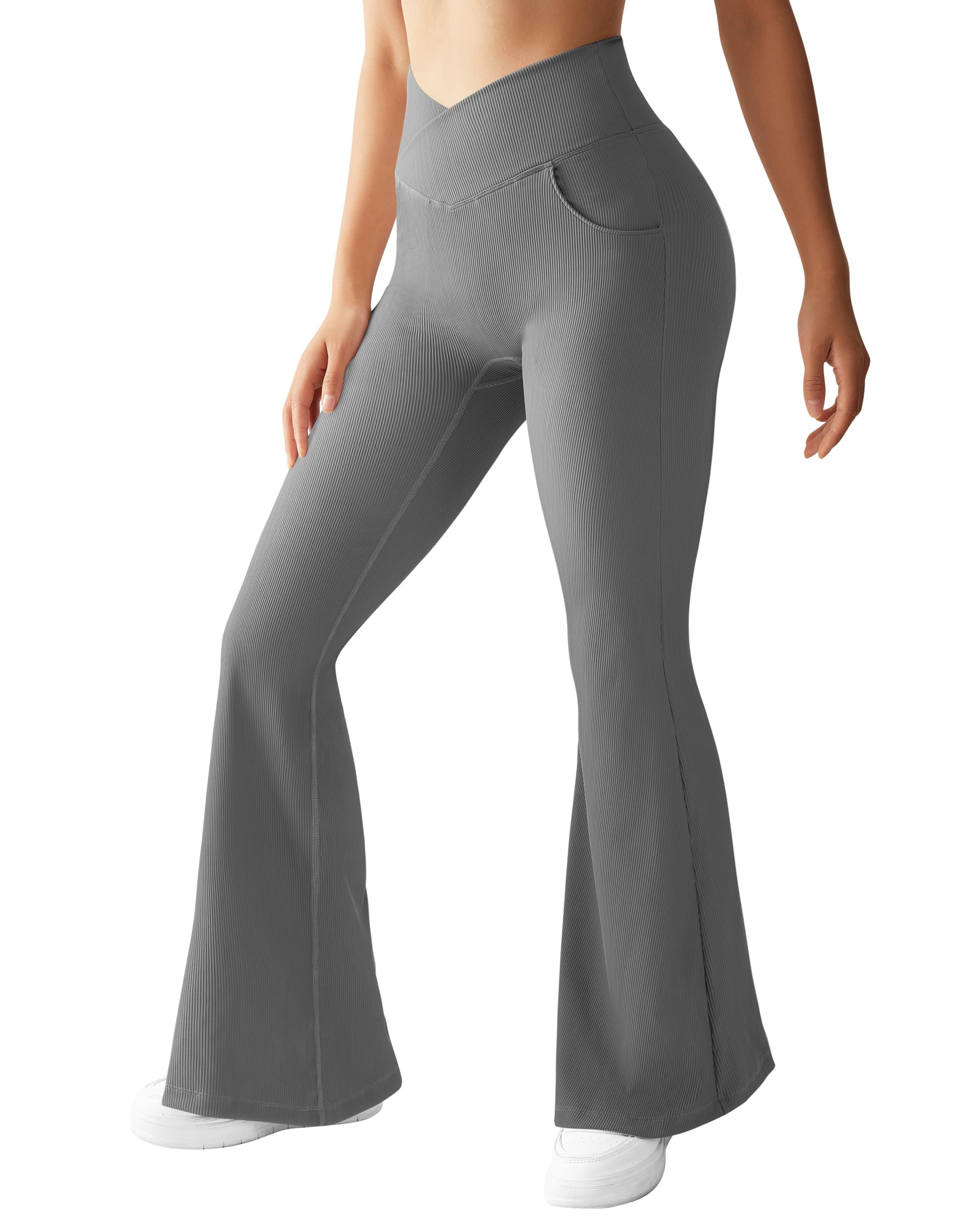 Women's High Waisted Ribbed Flare Leggings with Pockets - Grey, Size L-image-d560b3e6-fc66-42d7-9b84-1388865fe259-58969