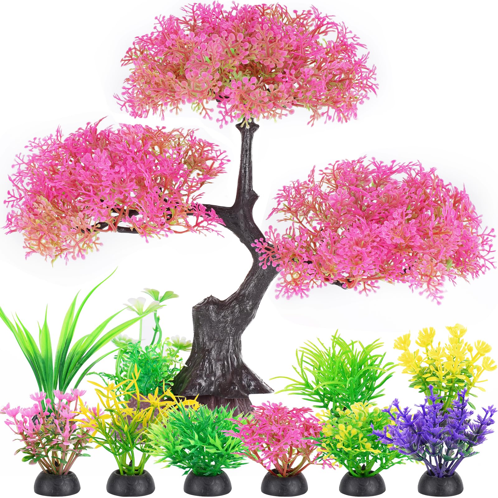 Borlech Aquarium Plastic Plants Artificial Decorations, Large (Pink)