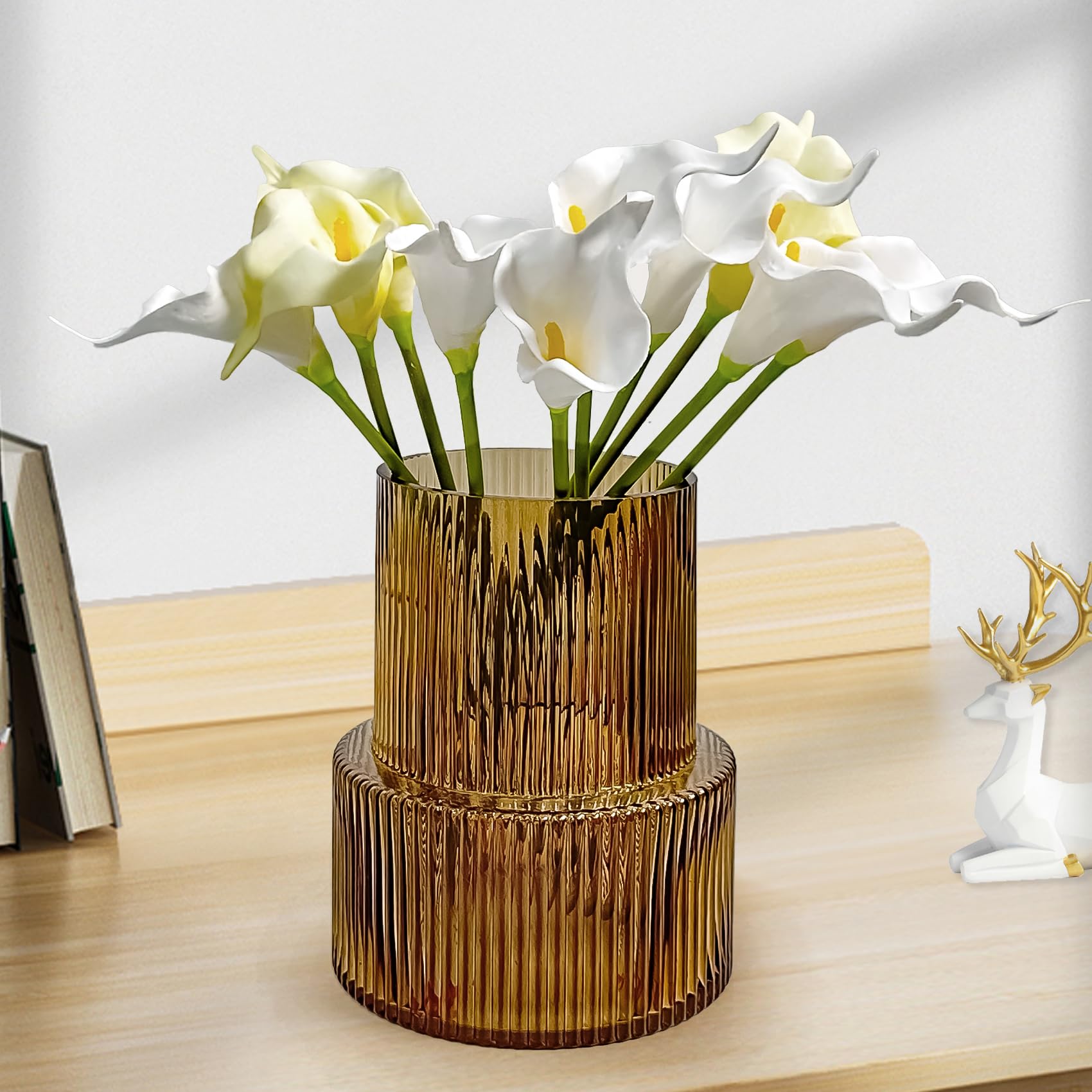 Aoderun Amber Ribbed Glass Vase - Modern Large Vase for Lego Flowers & Home Decor-image-f0137ae0-7dfe-4229-8e1f-65aa5d6bec19-61783