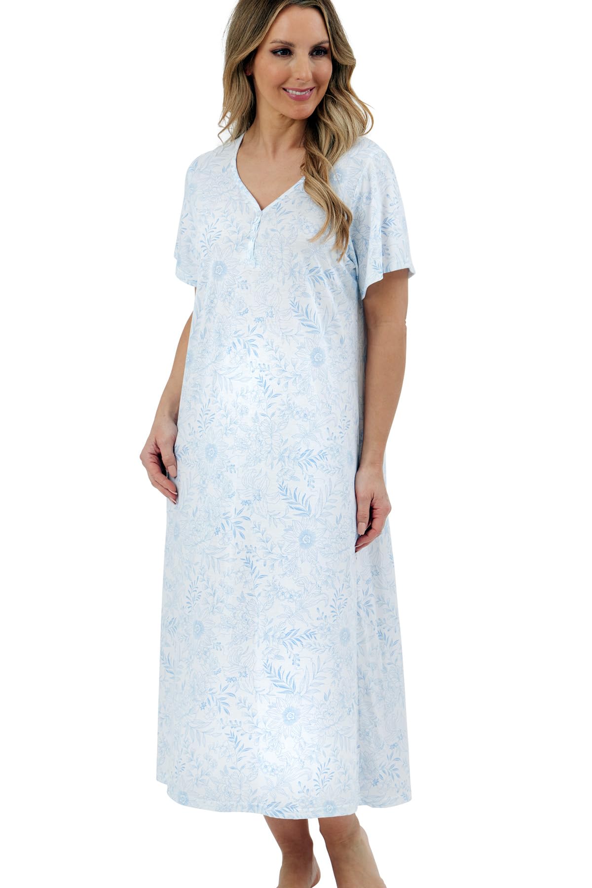 Womens Plus Size Soft Poly Cotton Knitted Jersey Nightdress, V Neck, Buttons, Sketchy Blue, Size 12-14-image-e4f09682-52b1-45ea-b6ad-859309c2107a-69231