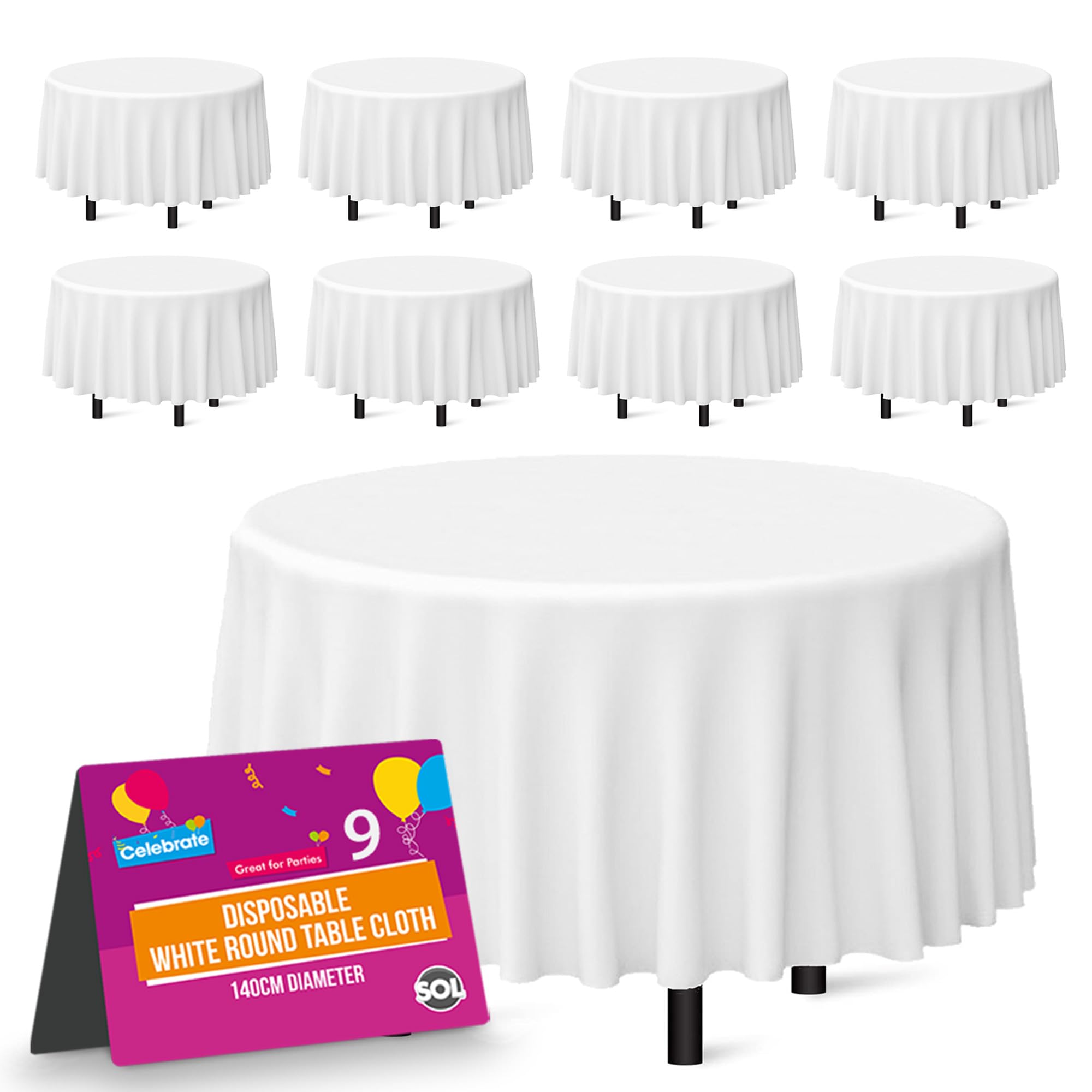 9pk White Round Disposable Tablecloths 140cm - Durable Spill Protection for Parties, Weddings & Events-image-968de55a-3c4f-4175-a765-563470c080e5-67419