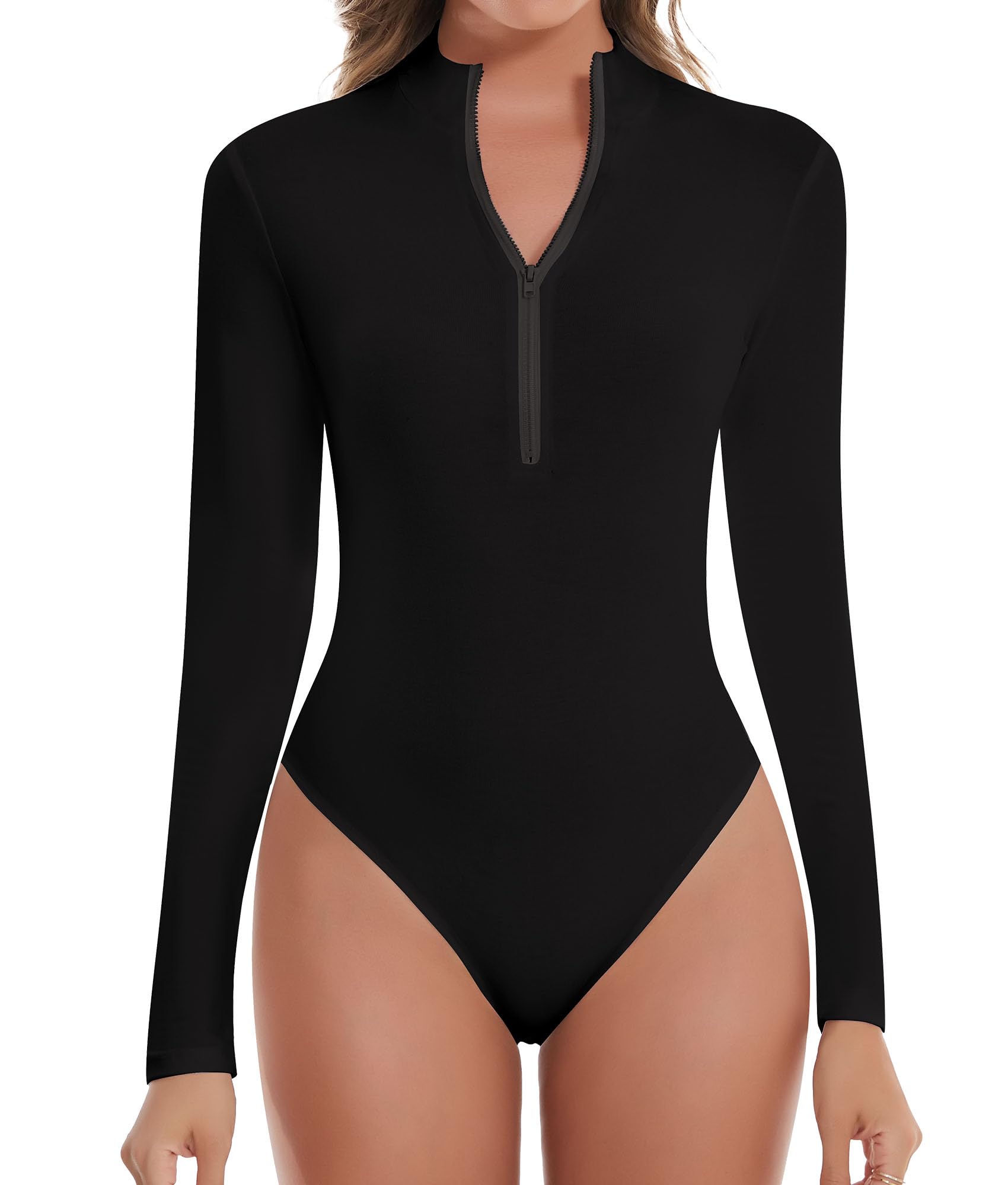 Elegant Zip Front Bodysuit for Women - Long Sleeve, Mock Neck, Ribbed Design, Versatile Black XL-image-6456645e-c3ae-4524-8032-c88fae4e33e5-77446