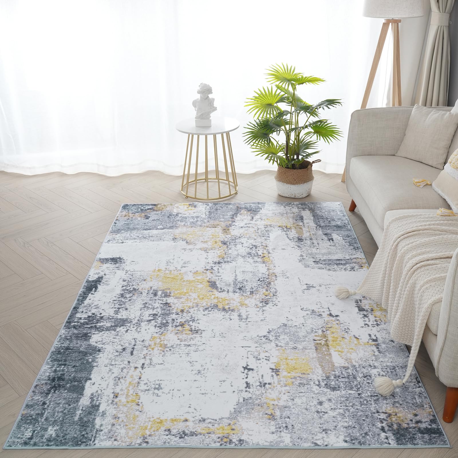 Abstract Washable Rug - Gold Grey 160x230cm-image-12da0b1f-fef7-40e8-a5c9-4e0cae3ff9fb-90874