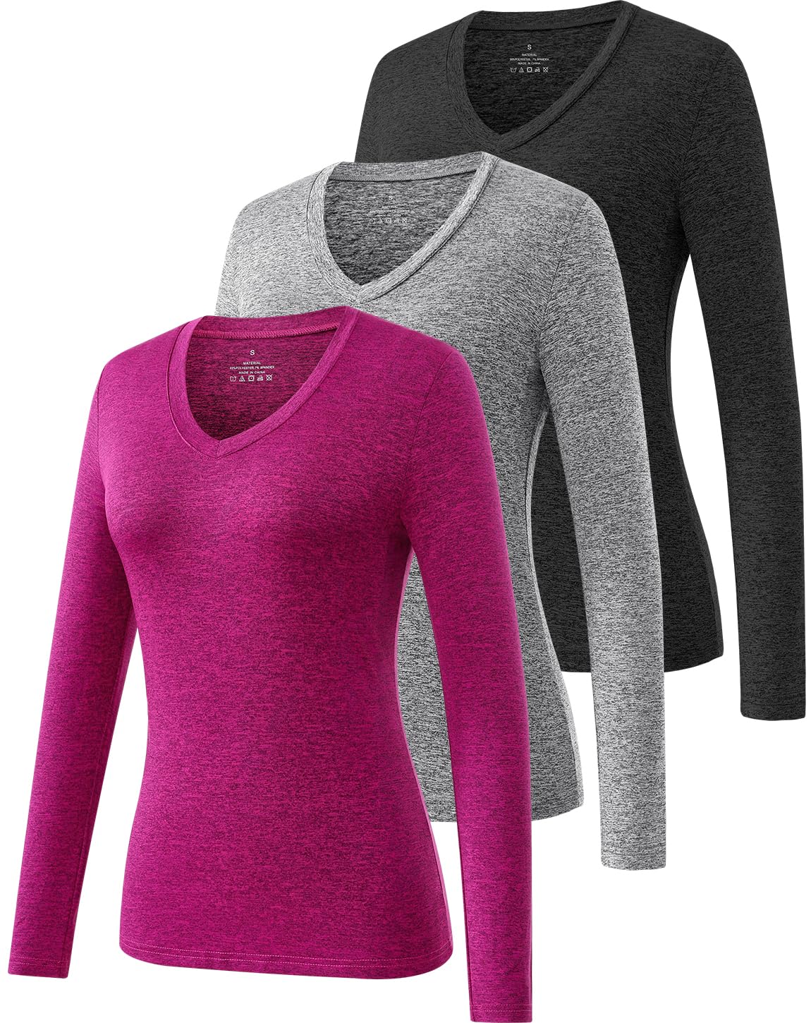 3 Pack Women's V Neck Long Sleeve Athletic Tops - Yoga, Gym, Moisture Wicking - Black/Grey/Rose XL-image-dda8e4a1-6749-43c7-9d54-296d1554e6ee-79251