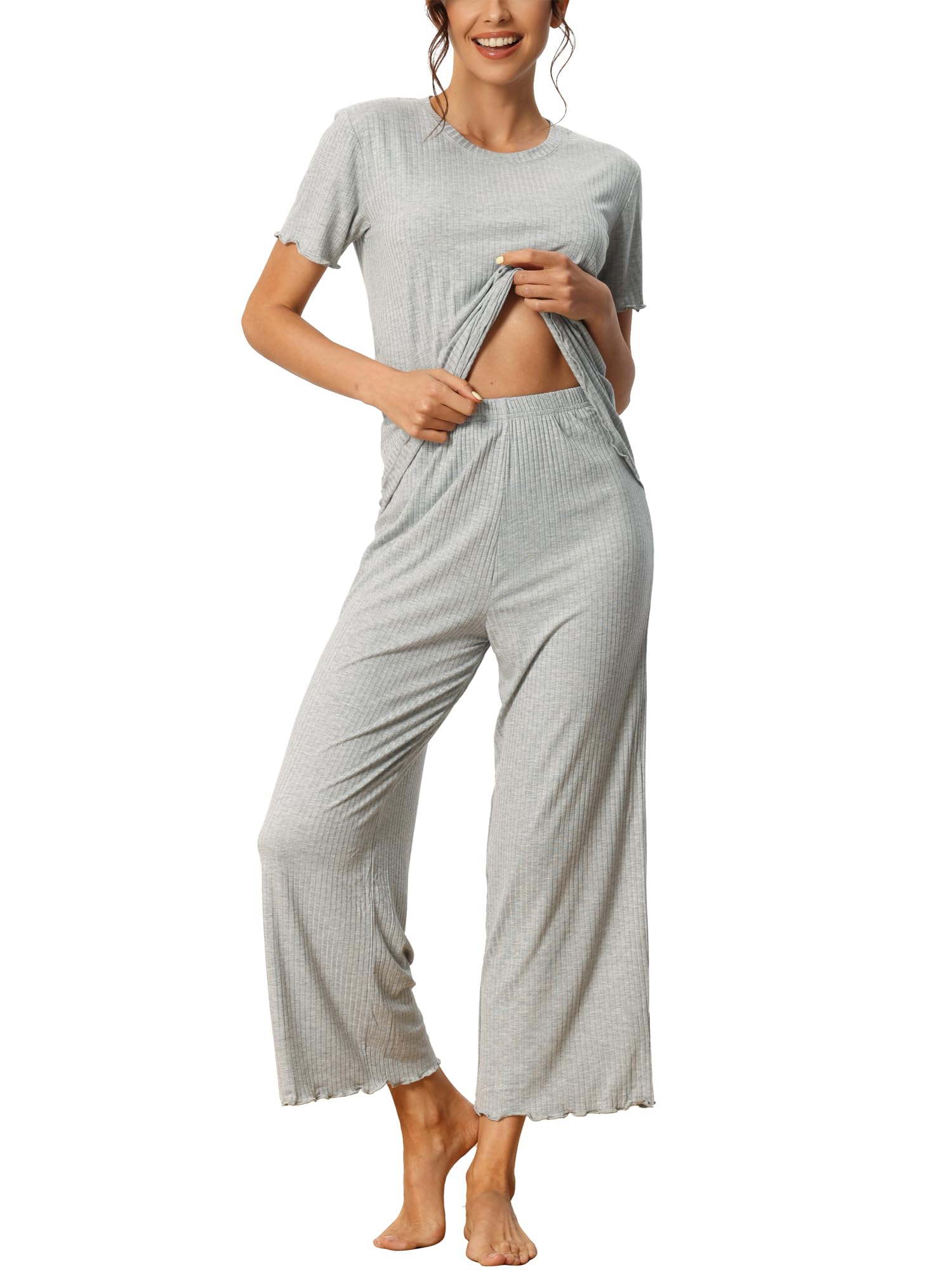 Women's Ribbed Knit Pyjama Set - Grey L-image-d0dc96fb-52eb-452b-ae31-fa2f02bd7402-89512