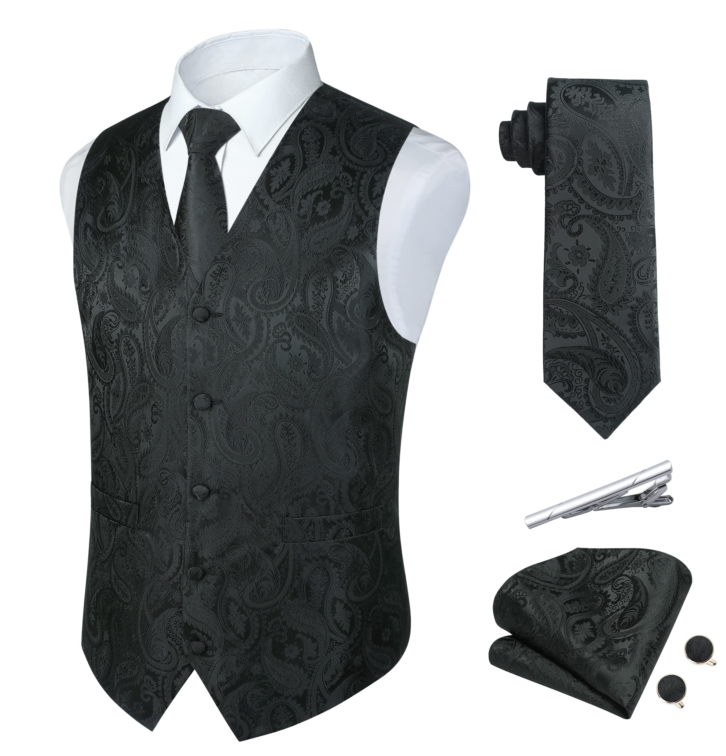 Men's Paisley Silk Waistcoat Set - Black 4XL-image-d4131811-f8b9-4435-a7ff-ce4663c2c56f-104486
