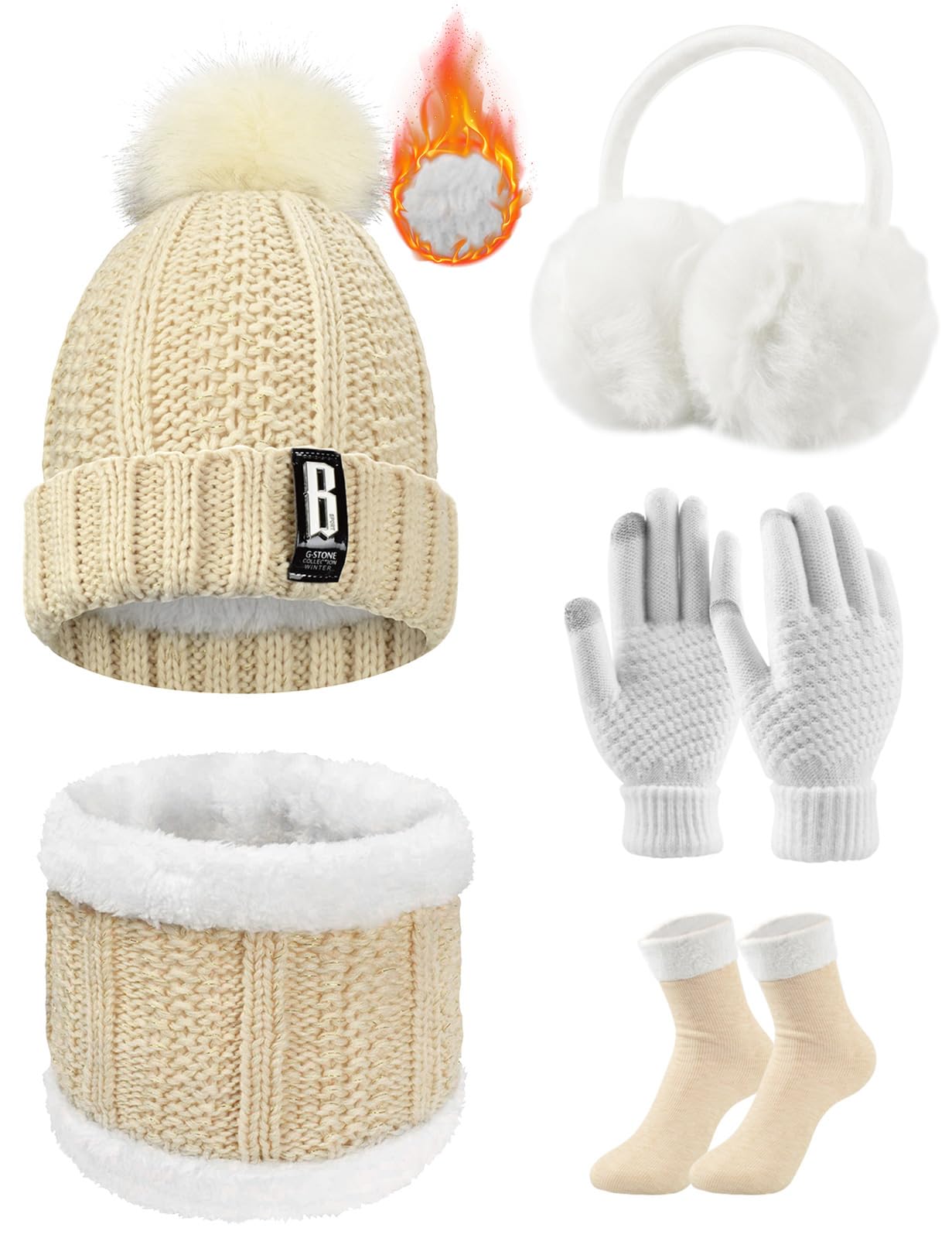 Women's Beige Winter Knitted Hat, Scarf & Gloves Set - 5 PCS with Touch Screen Gloves for Outdoor Sports & Skiing-image-dd0170a6-8fba-471f-a320-72becae0f6fd-41906