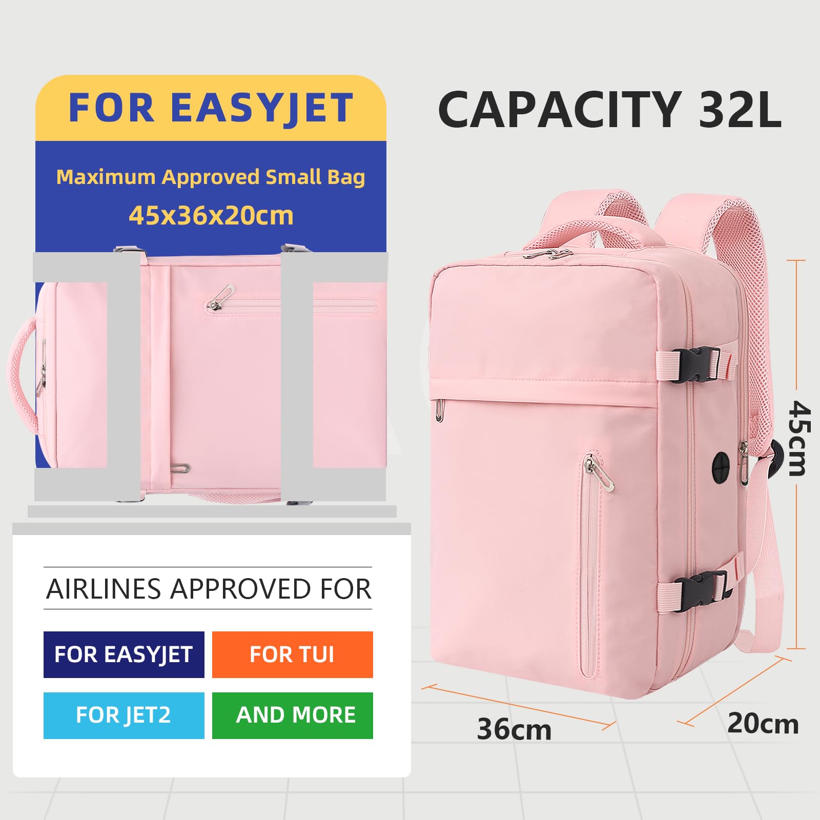 Cabin Backpack 32L Underseat Carry-On With USB Port For Travel
