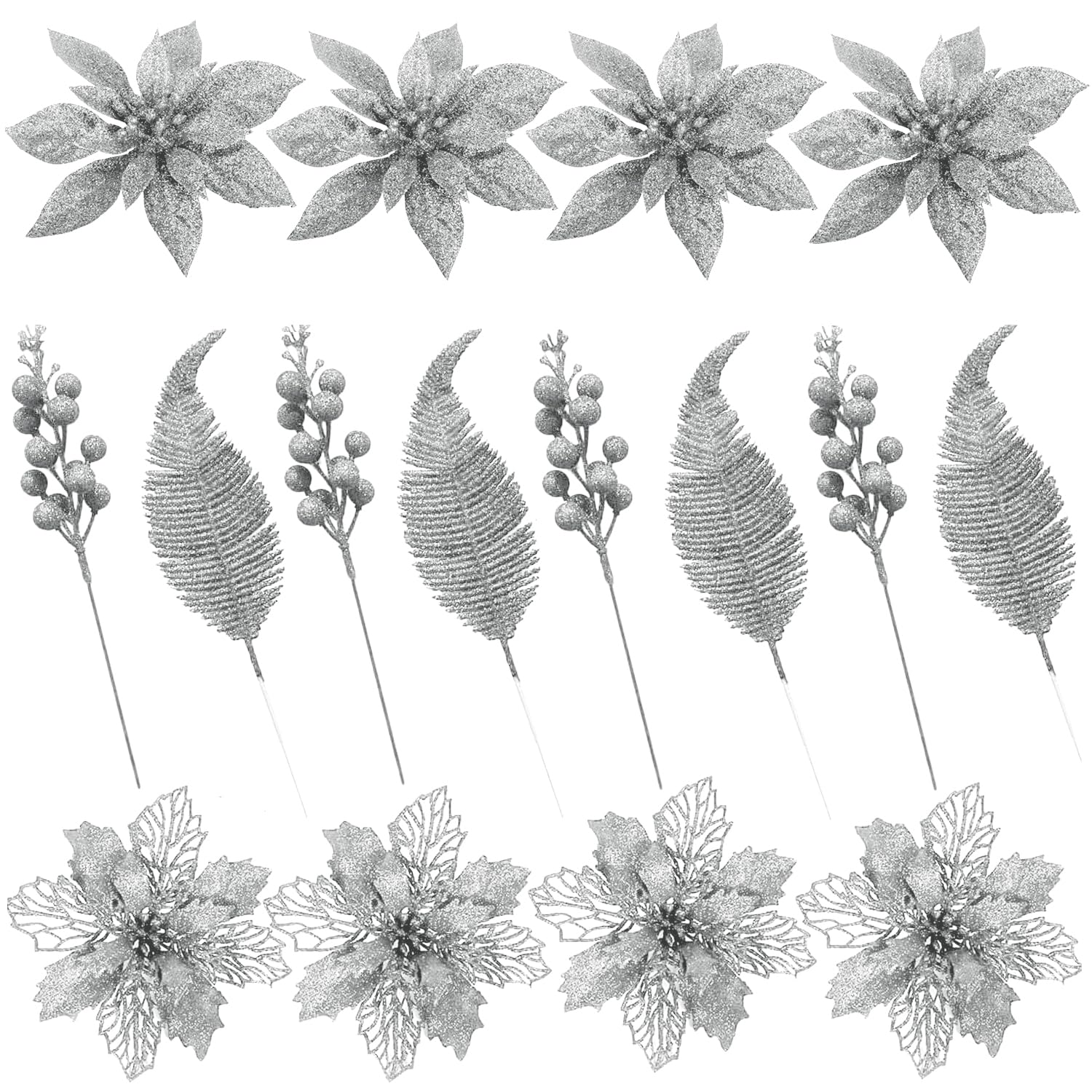 16-Pack Silver Christmas Glitter Poinsettia & Berry Stems Set for Tree & Wreath Decor-image-2fae9293-97b3-4f19-b3ee-4ca9f6e8e109-59220