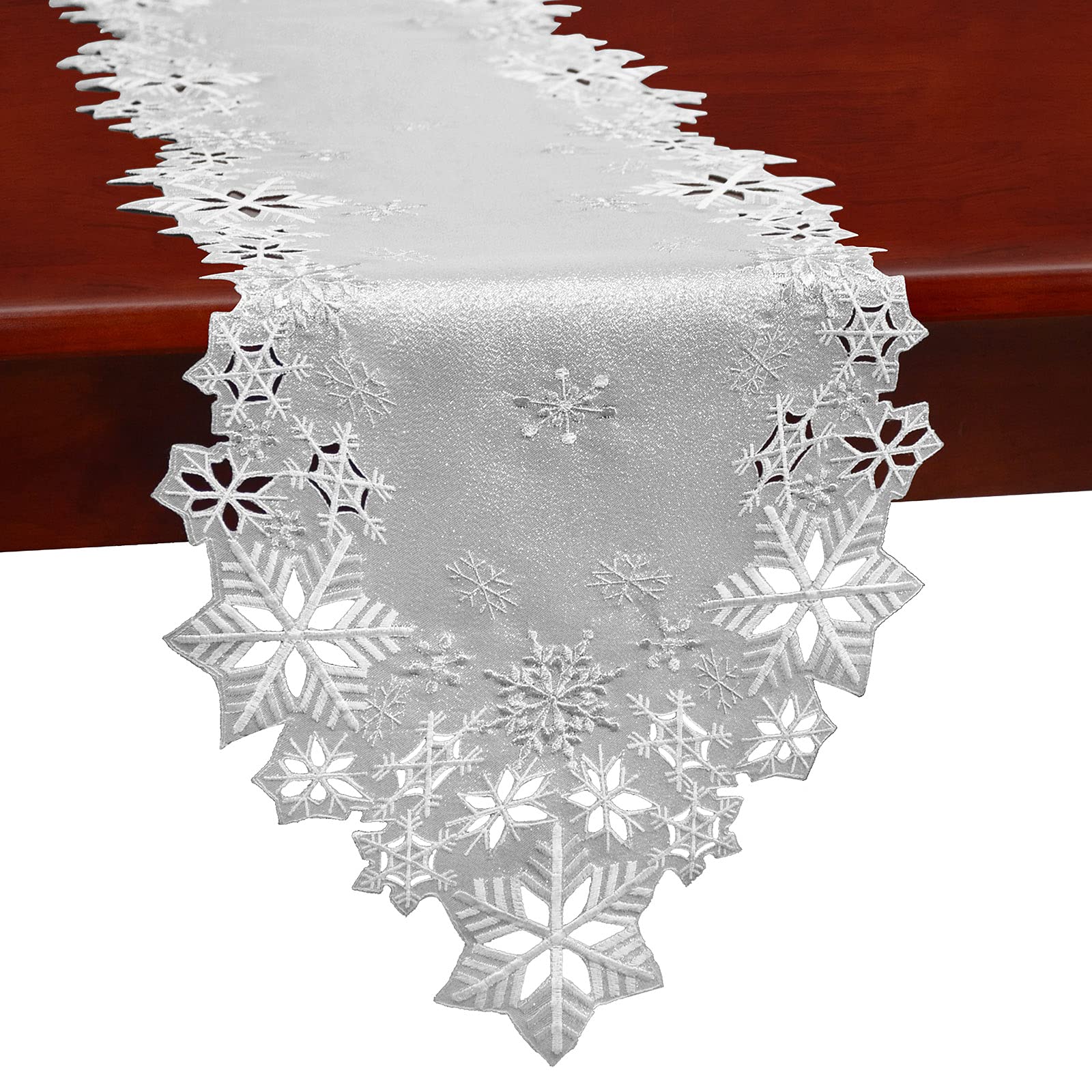 Embroidered Snowflake Table Runner - Silver 14×90 inches-image-d4bafe90-6e6a-430e-97ec-92b8f4d8be3f-110215