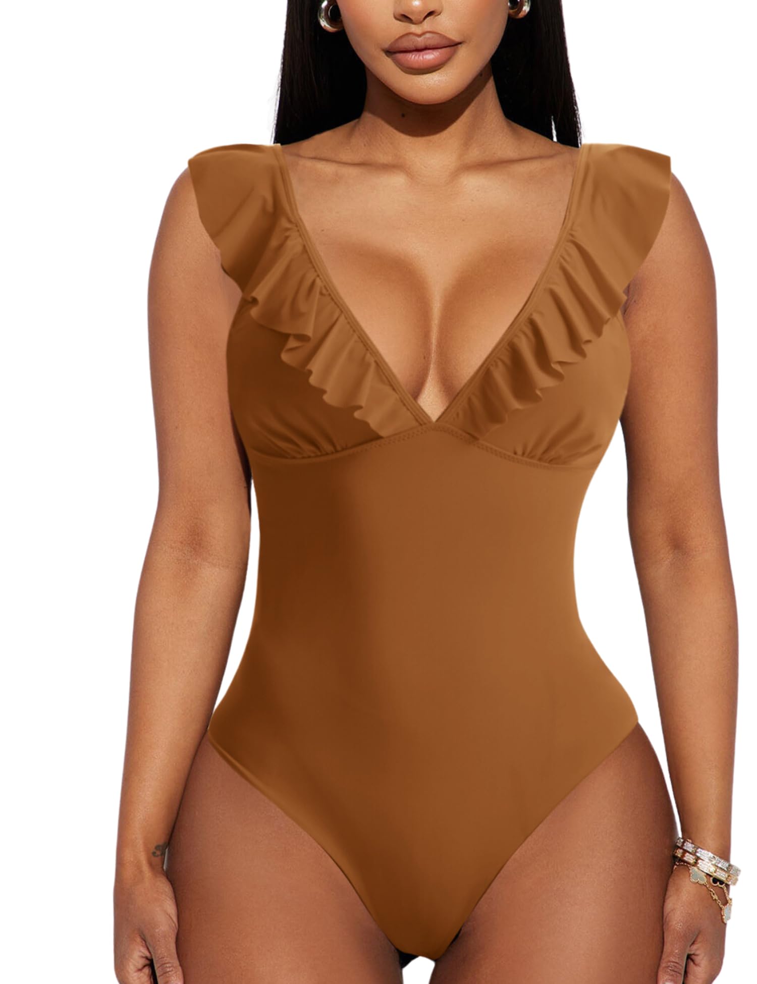 Women's Ruffled V-Neck Bodysuit - Brown XL-image-8ca3aecc-0f4a-4db2-8424-73596653ccf4-92520