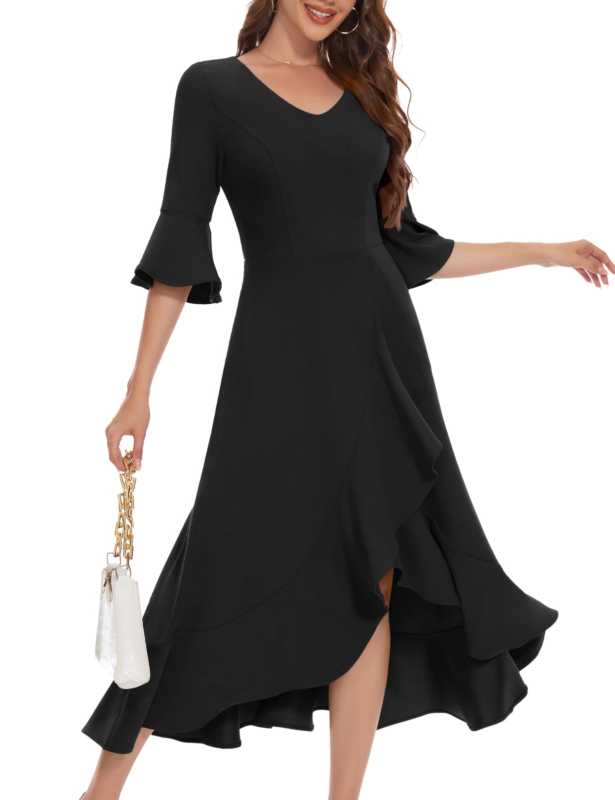 Women's V Neck A-Line Formal Dress - Black 3XL