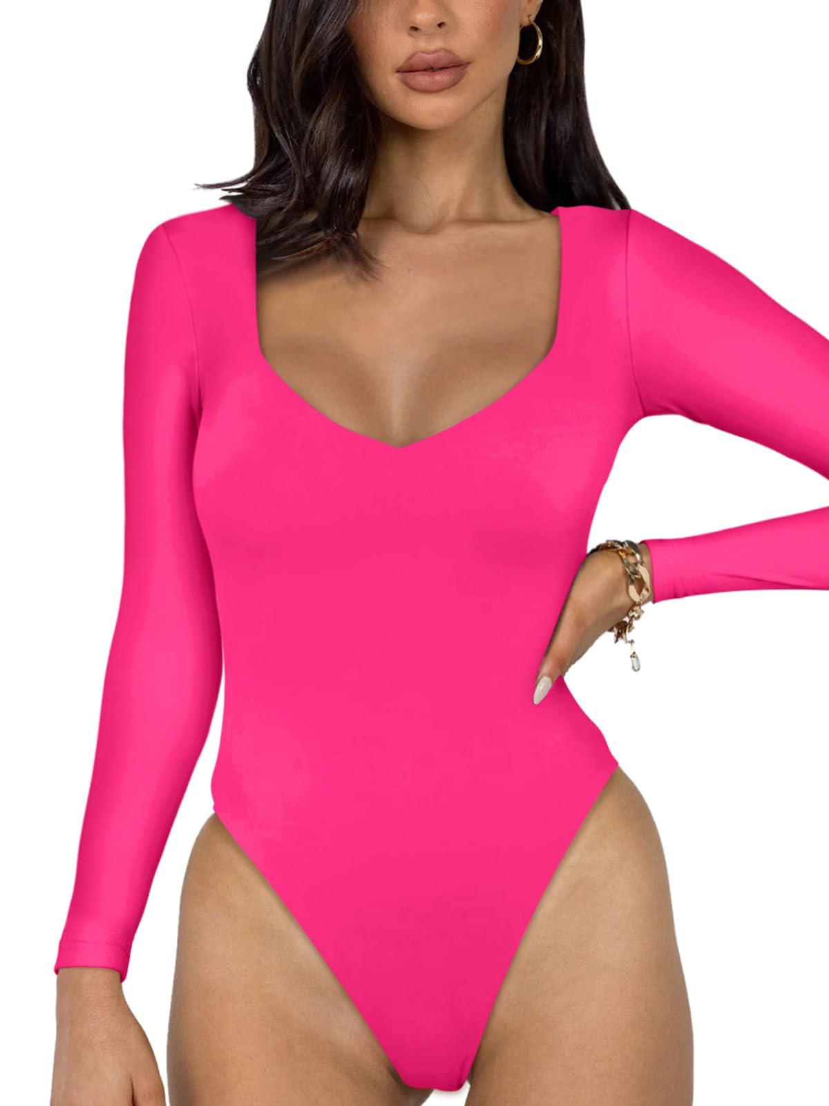 Women's V Neck Bodysuit - Neon Rose Red Small-image-8ffe71b0-da67-40aa-b382-4a783984ea95-91771