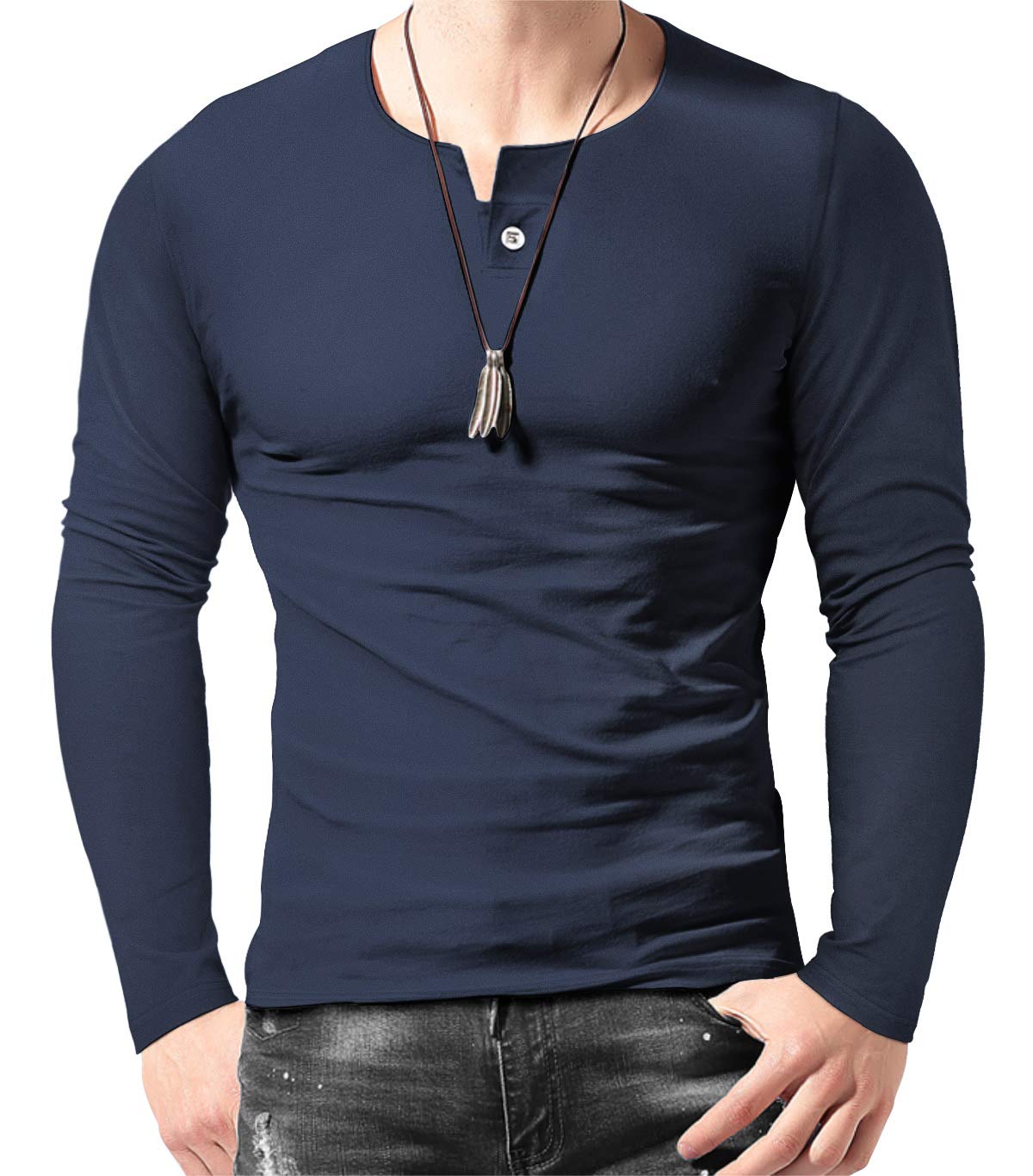 Men's Cotton Henley Shirt - Navy Large-image-7ed7a7a8-342f-492d-9813-40e9211f573e-109089