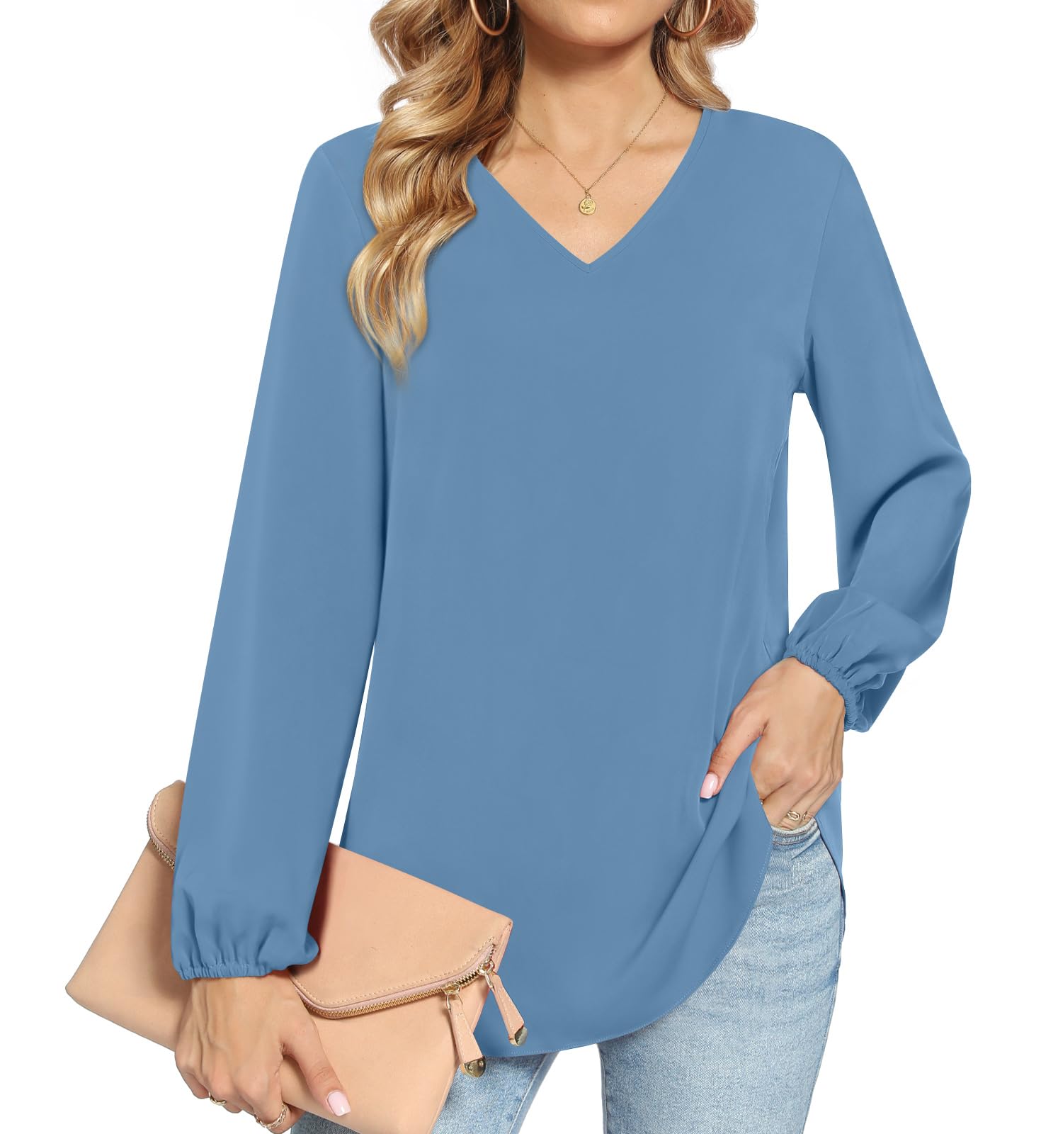 HOTGIFT Women Autumn Casual Tshirts Lantern Sleeve V Neck Blue X-Large