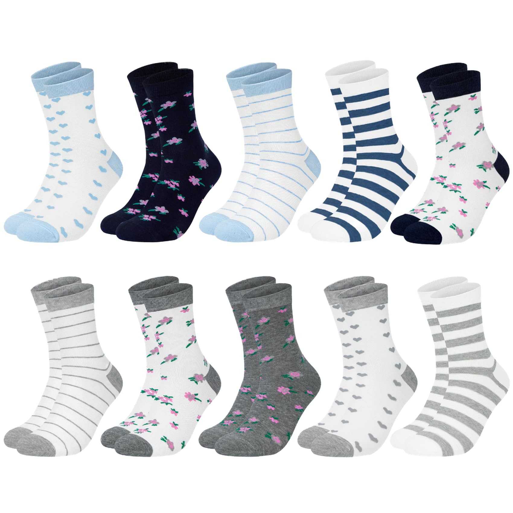 Chalier Cozy 10 Pairs Women's Colourful Socks - Stripes, Dots & Hearts, One Size-image-1c1e1838-a4b3-46e4-ba3e-eeb0b386d03a-54273