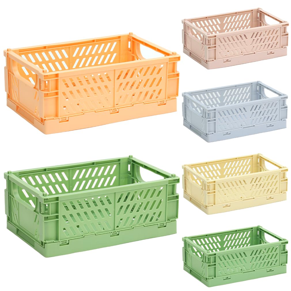6 PCS Plastic Storage Baskets: 4 Mini Foldable Crates & 2 Large Stackable Boxes - Pastel Colours-image-a99f904a-f0bf-4cb1-877c-0fbc19a372a8-60078