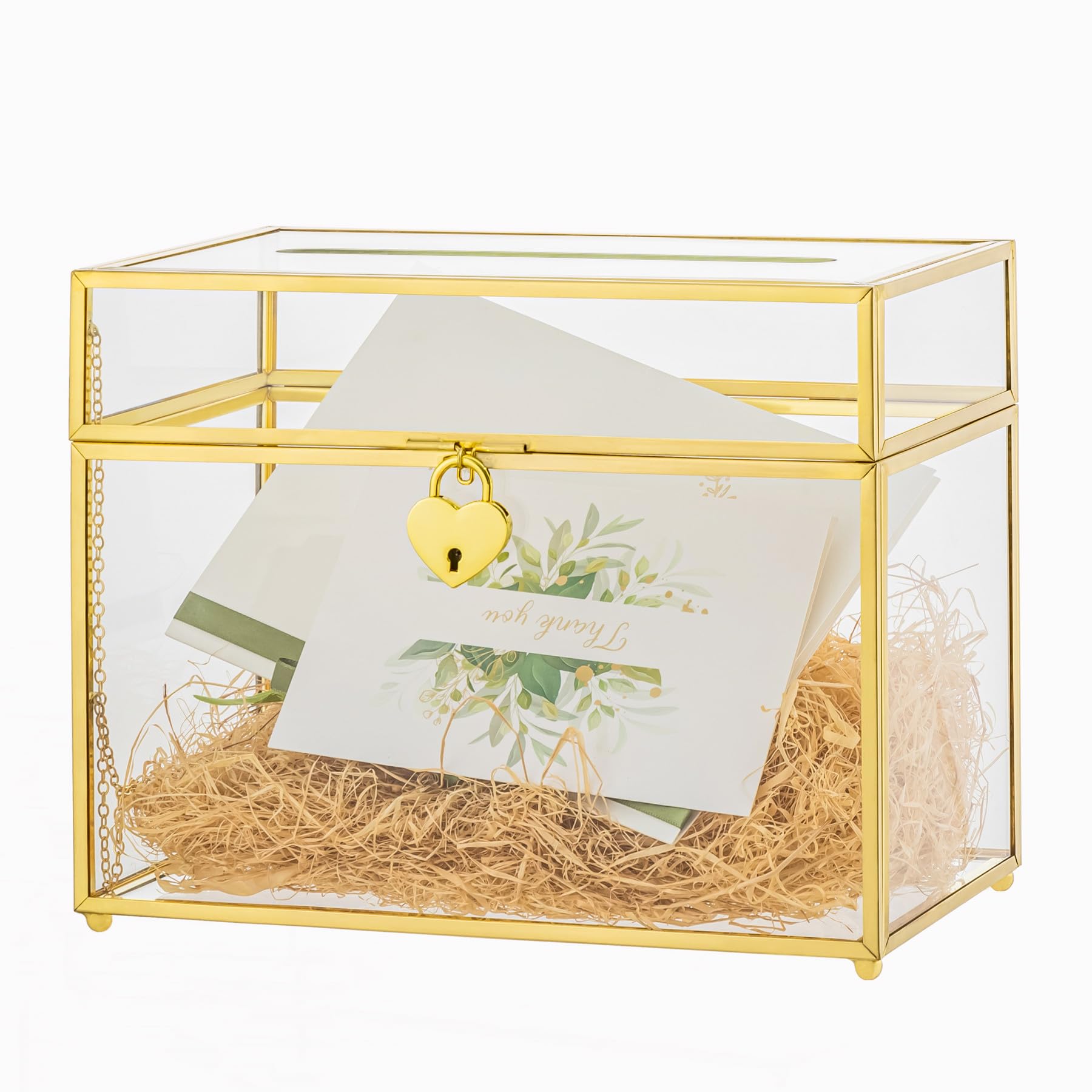 Glass Wedding Card Box with Lock - Gold 9.8x5.6x7.7 in-image-4fa74e7c-3d0c-4c9a-9d2d-cacfefdcfa95-117526