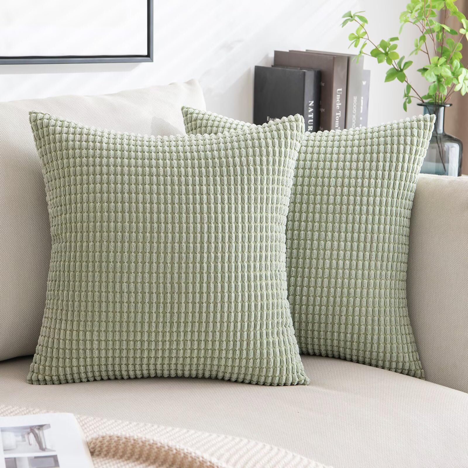 Cushion Covers 45x45cm Corduroy Bean Green Decorative Pillowcases for Sofa & Bedroom Set of 2