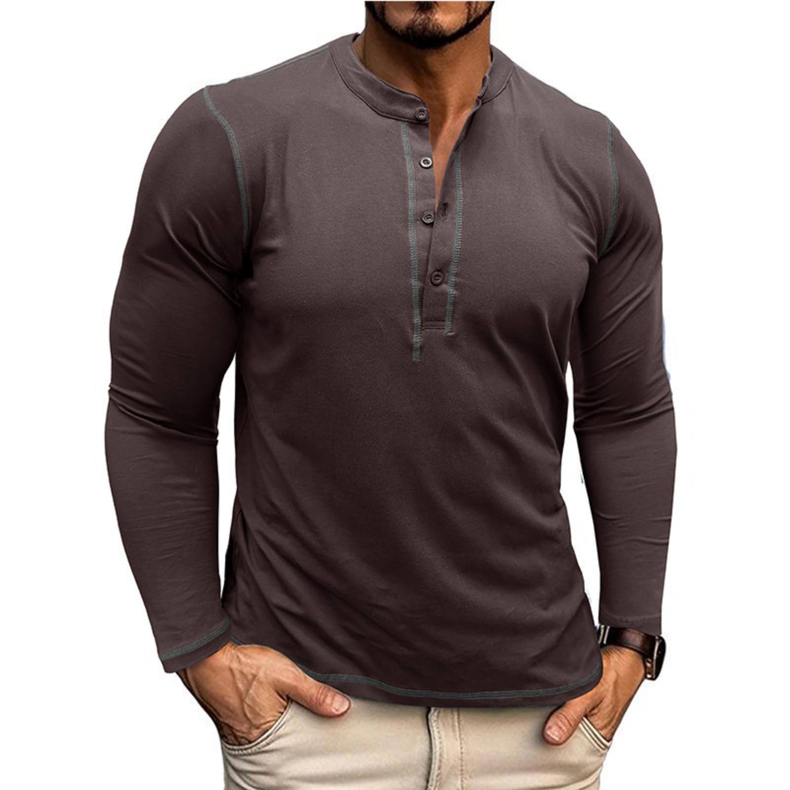 Men's Henley Long Sleeve T-Shirt - Coffee 2XL-image-8077f8d2-d184-46b2-b45f-63d8aeeefebc-93391