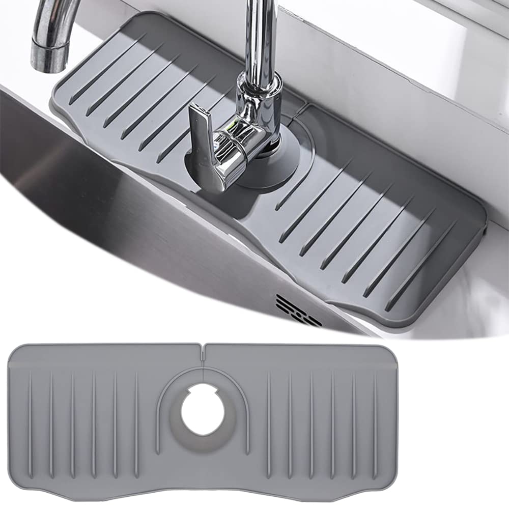 Kukifun Silicone Faucet Drip Catcher Tray - 40cm x 15cm Sink Splash Guard, Grey, B Style for Kitchen & Bathroom