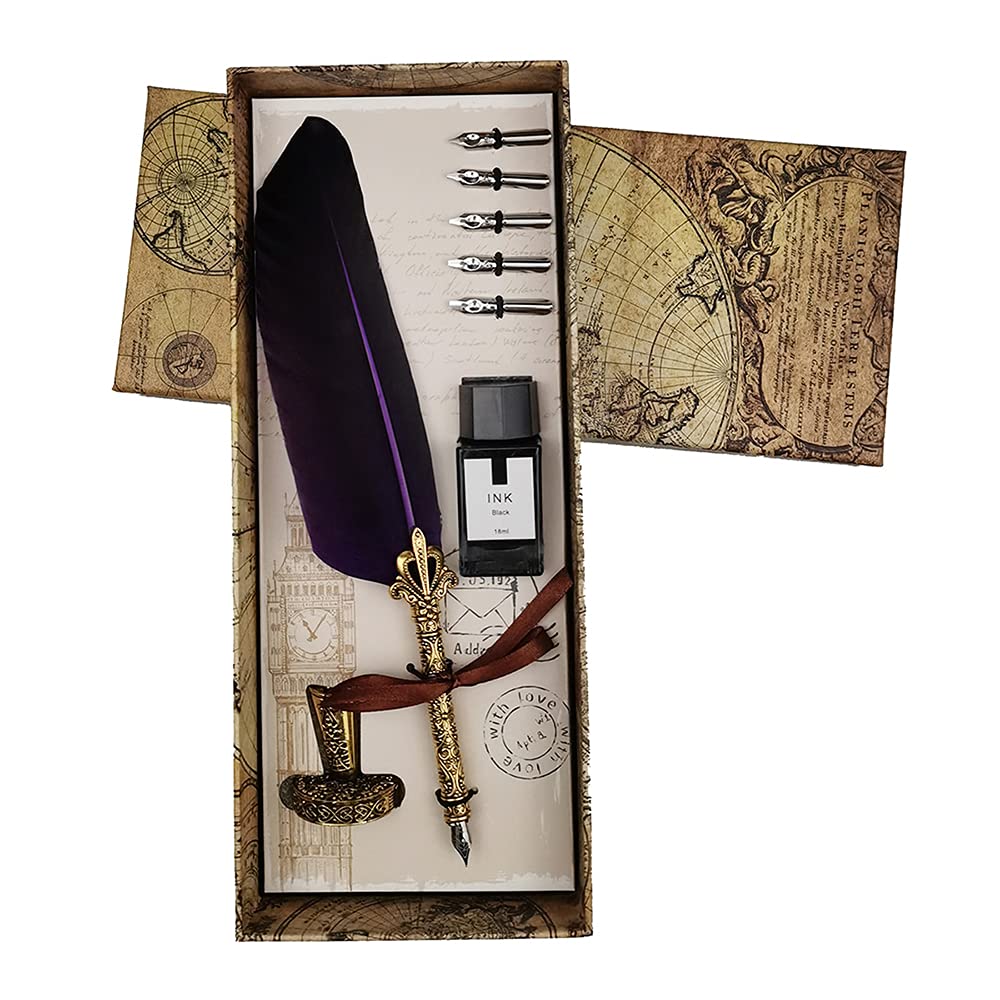 Vintage Aokuy Feather Dip Pen Set with Purple Ink & 5 Nibs - Perfect for Calligraphy & Gifts-image-7a11879a-359d-47ab-a9a1-3c13d27c4129-56844