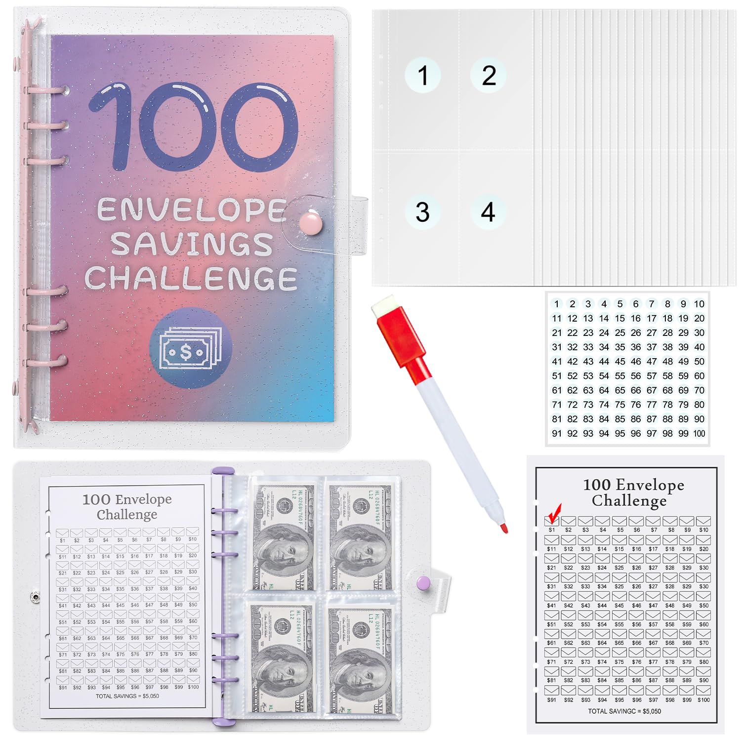 100-Day Pink Money Saving Challenge Binder with 100 Cash Envelopes-image-f7827470-5170-4c23-9c3f-b4e02532ab99-55721